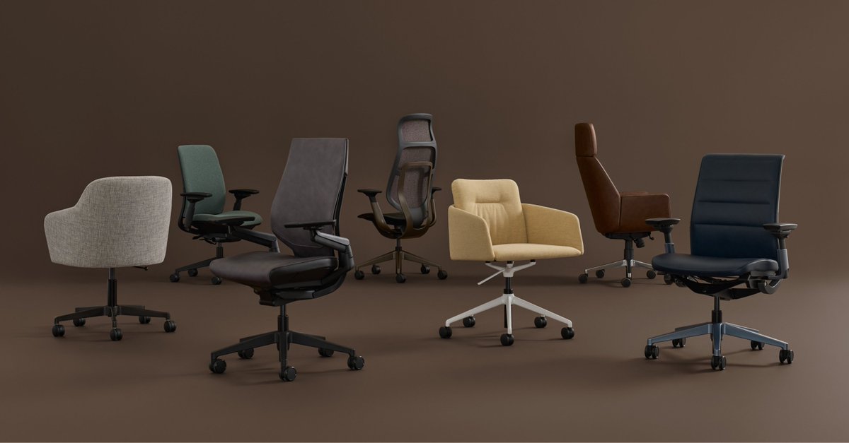 A collection of six modern office chairs in various colors and designs arranged on a brown background.