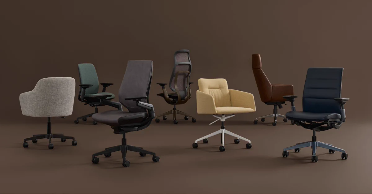 A collection of six modern office chairs in various colors and designs arranged on a brown background.