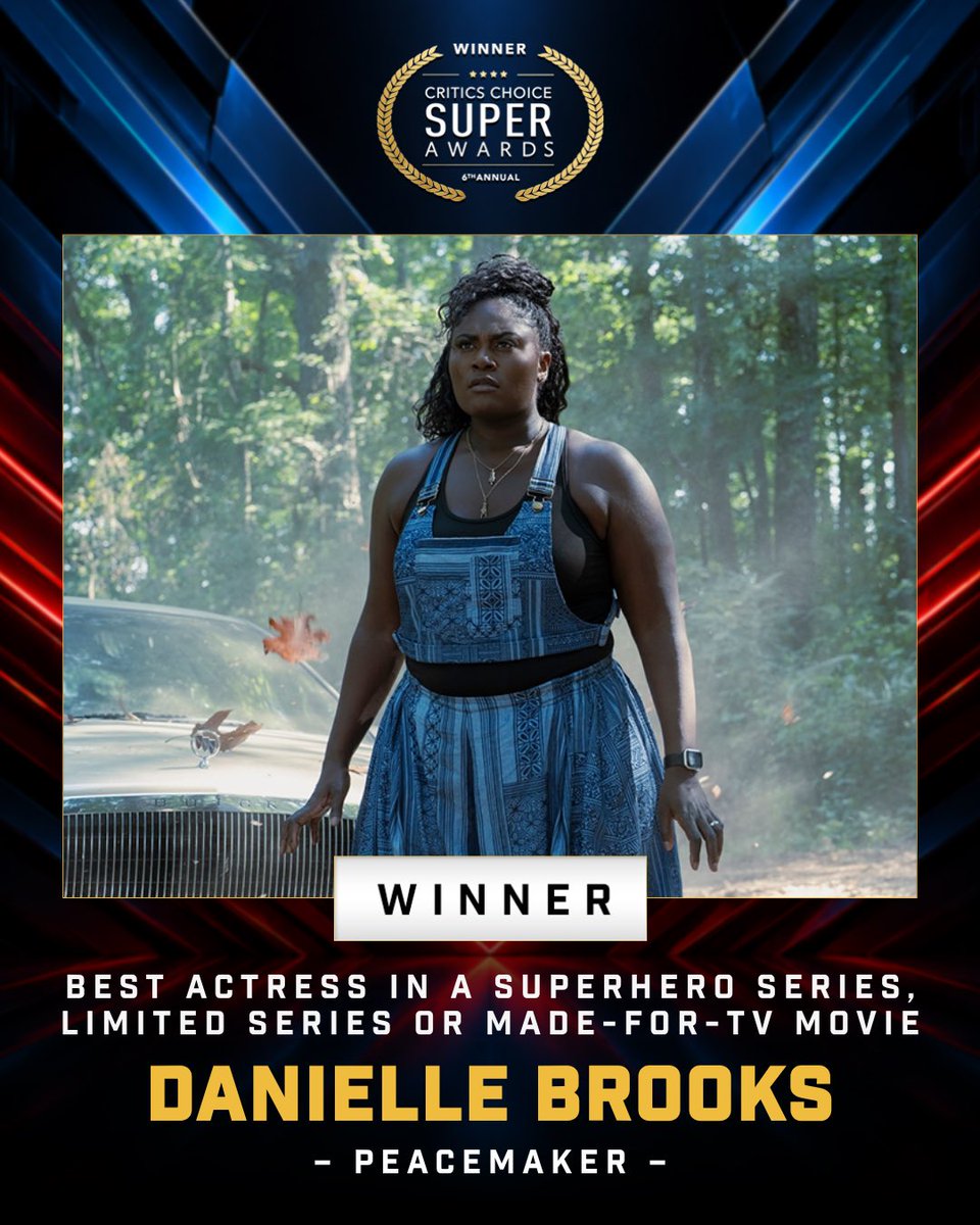 CriticsChoice's tweet photo. Congratulations to Danielle Brooks!🏆
Winner of the Best Actress in a Superhero Series, Limited Series or Made-for-TV Movie category for her performance in “Peacemaker” for the 6th Annual Critics Choice Super Awards! ⚡🎬

#CCSuperAwards #Peacemaker #DanielleBrooks #CriticsChoice https://t.co/erqs0AqLHZ