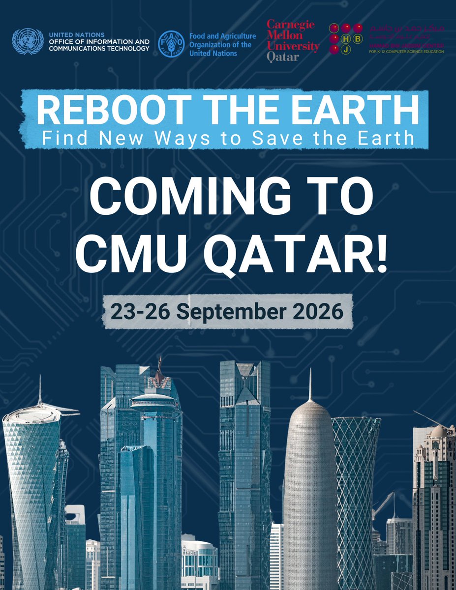 UN_OICT's tweet photo. 🌍Big news!

#RebootTheEarth 2026 is headed to Qatar 🇶🇦 23–26 Sept at @CarnegieMellon in Qatar, bringing together innovators to build AI and open source solutions for sustainable agriculture that can become digital public goods.

Sign up to learn more at: https://t.co/EZhky9LfKX https://t.co/jUVXpvsf2O