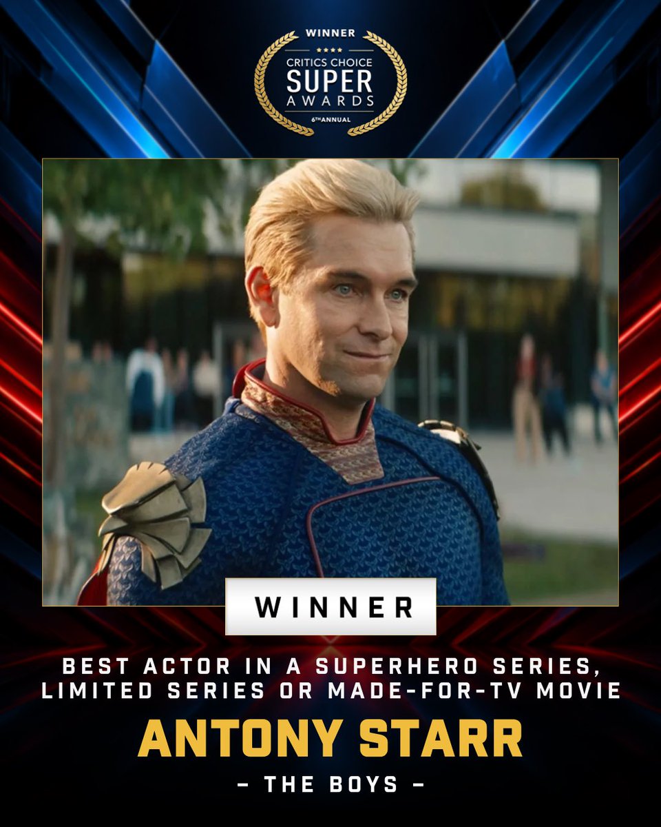 CriticsChoice's tweet photo. Congratulations to Antony Starr!🏆
Winner of the Best Actor in a Superhero Series, Limited Series or Made-for-TV Movie category for his performance in “The Boys” for the 6th Annual Critics Choice Super Awards! ⚡🎬

#CCSuperAwards #TheBoys #AntonyStarr #CriticsChoice https://t.co/kZZXvnsUhY