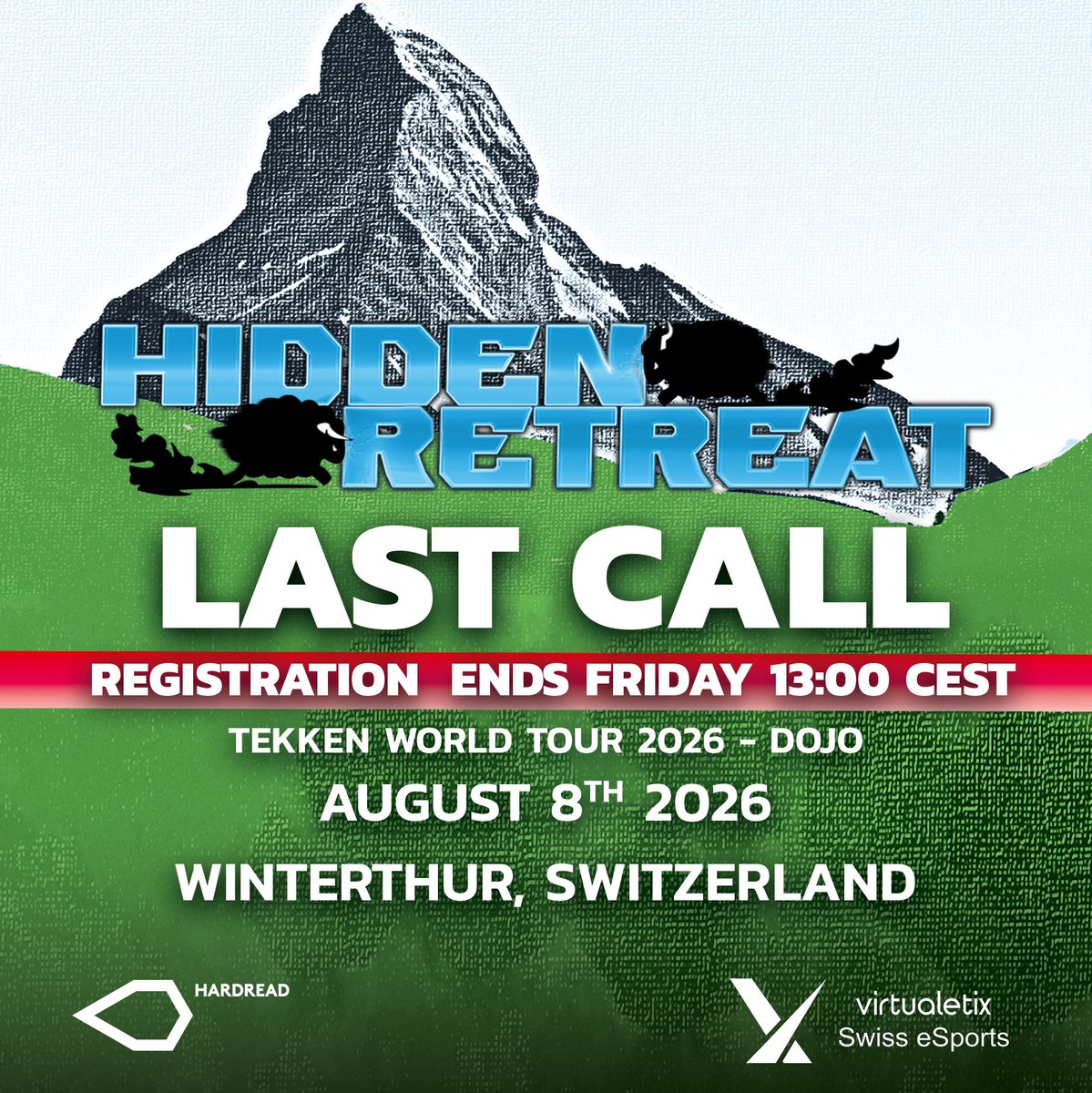 HardreadCH's tweet photo. 3 days to go.

Last call for Hidden Retreat 2.

If you're looking for some good ass #TEKKEN, this weekend is the place to be.

We're excited to welcome players from across Europe for a full day of competition, casuals and meeting old and new faces.

Late Registration closes tomorrow at 13:00 CEST. After that, entries will be locked and the bracket will be finalized.

If you've been thinking about making the trip, now's the time. 

👇️ Sign up below