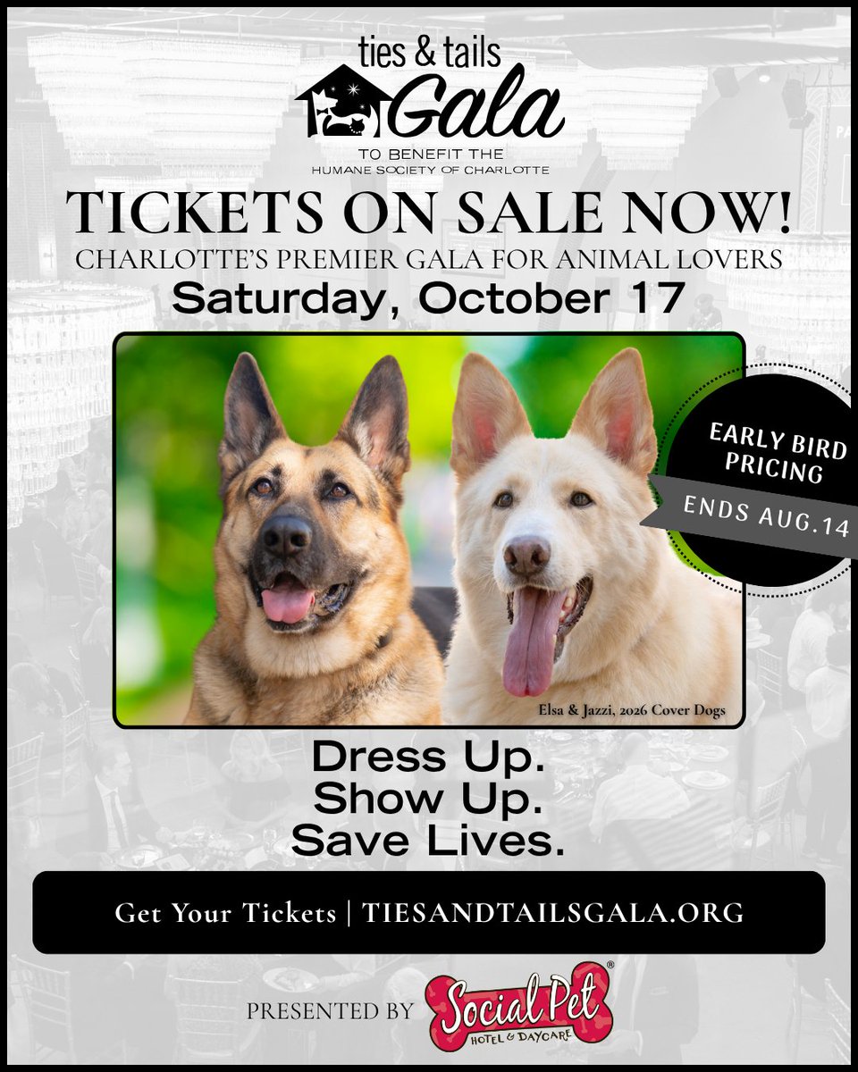 humanecharlotte's tweet photo. 🐾✨ It’s time to dress up, grab the leash, and get ready to party with a purpose at the Humane Society of Charlotte’s 18th Annual Ties &amp; Tails Gala Presented by Social Pet!

Don’t paws…secure your seats today at https://t.co/Gz5WhRvKVf https://t.co/RGzPFM0xIv