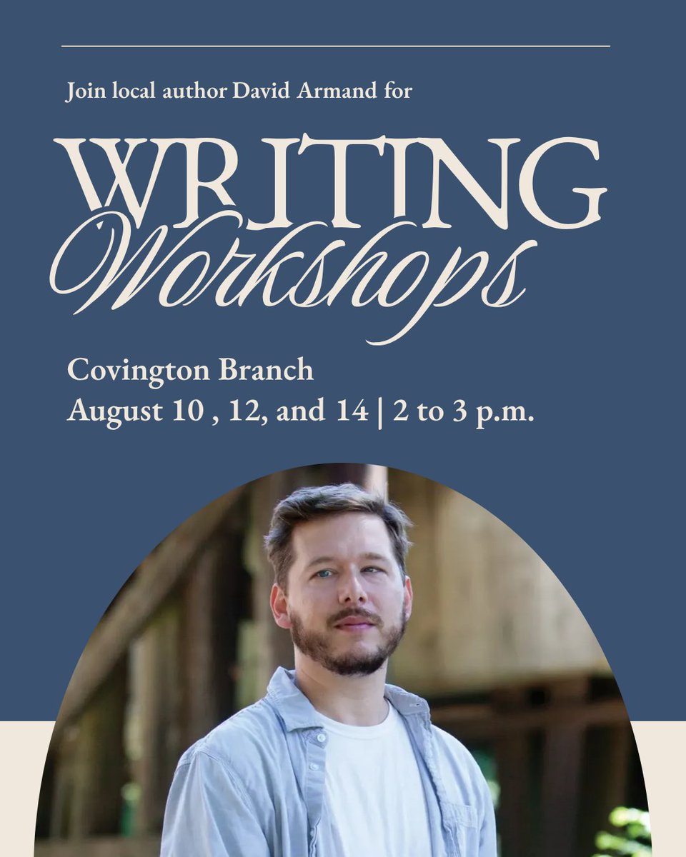 sttammanylib's tweet photo. Join award-winning author David Armand at the Covington Branch on August 10, 12, and 14 from 2 to 3 p.m., for an engaging writing workshop designed to spark creativity, strengthen your craft, and inspire your next great story!  ✍️ ✨

Register here: https://t.co/p0NrkcpSwx https://t.co/PCKGtZ1Qjj