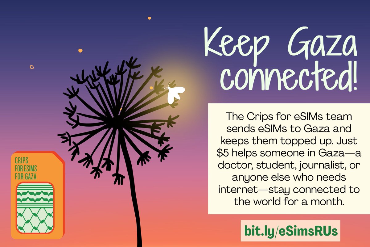 Crisps4eSims's tweet photo. Internet is still out in many parts of Gaza! Crips for eSIMs for Gaza is still sending eSIMs and keeping them topped up every day.

Help deliver continued, essential connectivity! 💜  

USD: https://t.co/N6ij8T1Iey
GBP: https://t.co/EW9QKIJMYW 
CAD/other: https://t.co/zMi7pvEGDC https://t.co/g7Wgq8j640