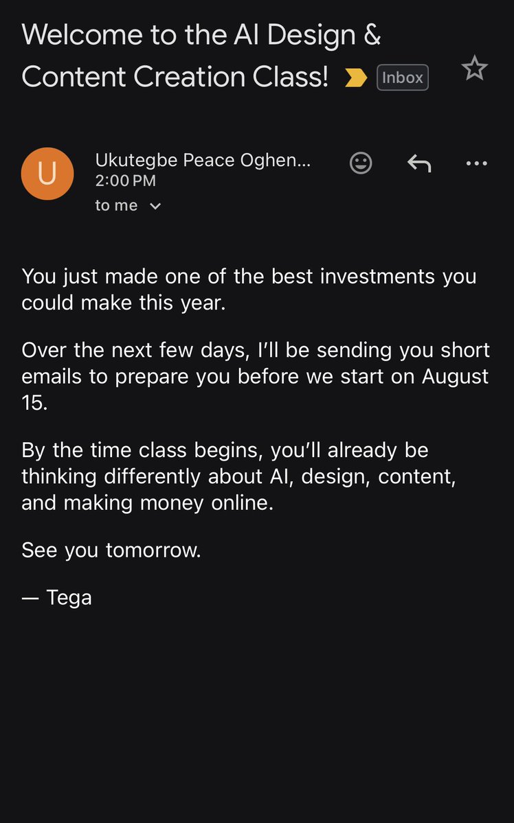 Kach_x's tweet photo. When I received this email from @Tegadesigns  I was so excited, I squeezed myself so much to pay for her upcoming classes on AI because I know I will get value or maybe the breakthrough I’ve been looking for, I will be building and learning here on twitter and LinkedIn. https://t.co/91ho1t7mh7