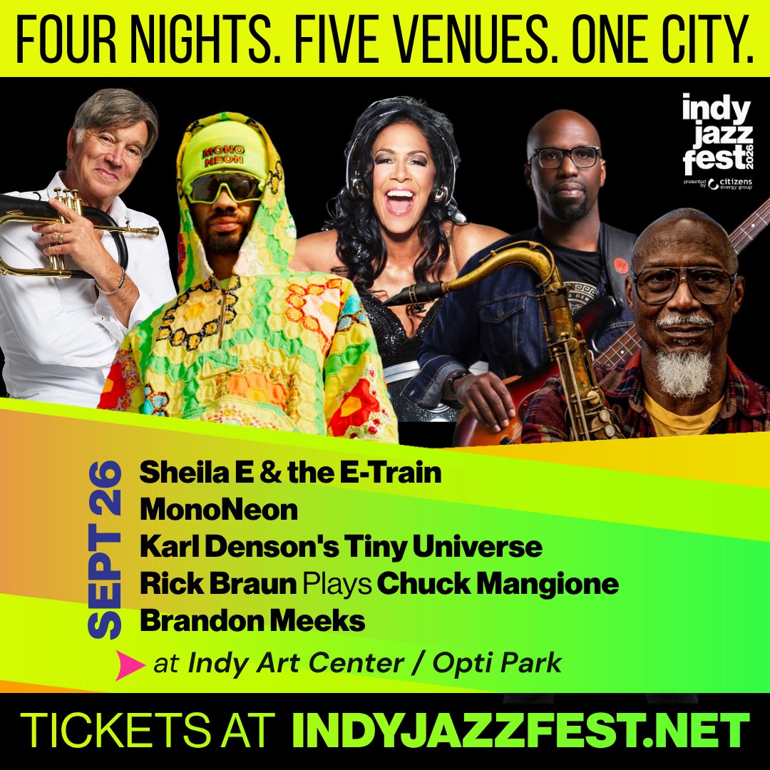 indyjazzfest's tweet photo. Indy Art Center + Opti Park host the Grand Finale.

Citizens Energy Stage
Sheila E. &amp; The E-Train
MonoNeon
Rick Braun plays Chuck Mangione
Brandon Meeks

Presented by Citizens Energy Group
https://t.co/BaylQlObqw https://t.co/5artV98yt8