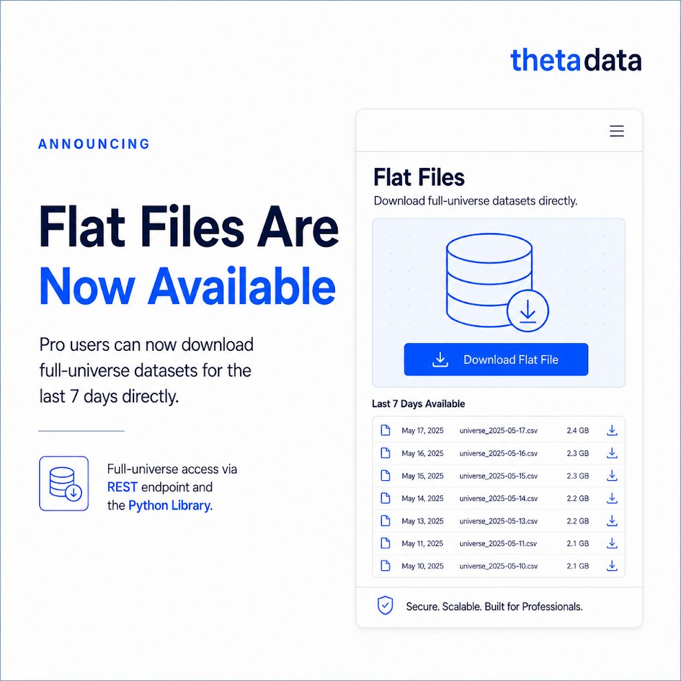 theta_data's tweet photo. Flat files are now available! 

We’ve added flat-file support to Terminal V3 and the Python Library, enabling our Pro Users to download full-universe datasets for the last 7 days directly.

With a REST endpoint, the flat files deliver the entire available universe in a single download.  We also included our Python library.

Please get in touch with our sales team if you need deeper history requests.
