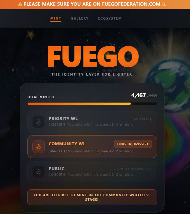 fuegonft's tweet photo. Phase 1 is completed.

4467/5555 Fuegos have been minted.

CWL phase has started.

We are Fuego 🕯️ https://t.co/tLINhVlgV2