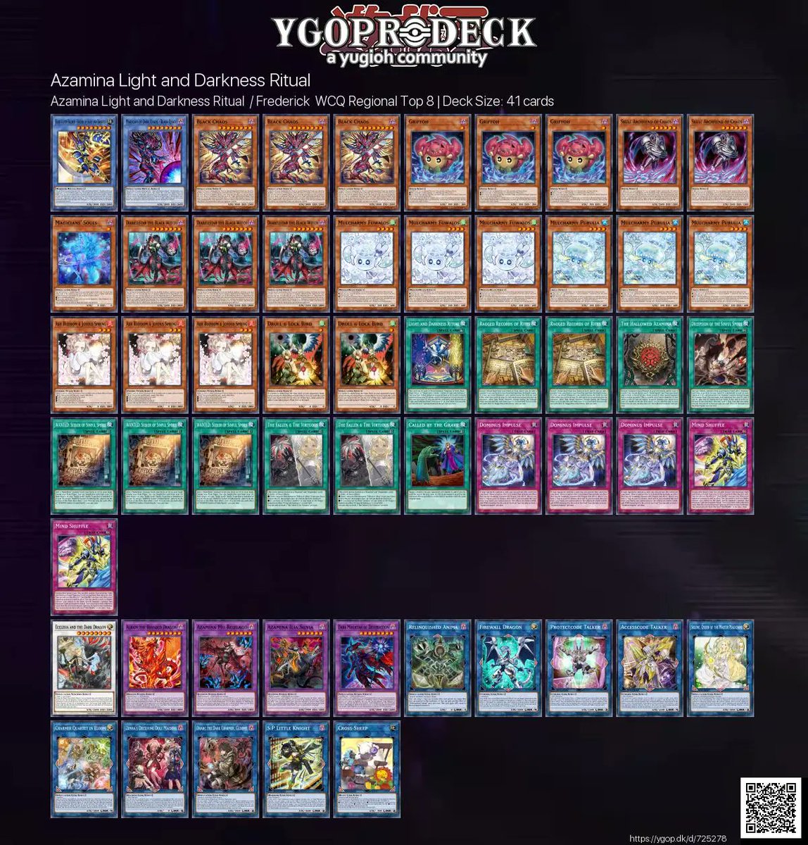 YGOPRODeck's tweet photo. Azamina Light and Darkness Ritual  / Frederick  WCQ Regional Top 8 🏆

✅ https://t.co/ofKskySJeH

#yugioh #yugiohtcg https://t.co/8ieKdONrjq
