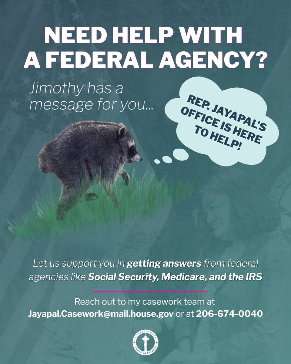 RepJayapal's tweet photo. Jimothy stopped by my office, and he has a message for you – my constituent services team is here to help YOU!

Reach out to my office at Jayapal.Casework@mail.house.gov or at 206-674-0040 if you need help with Medicare, Medicaid, the IRS, or any other federal agency. https://t.co/3rvwXRtzd6
