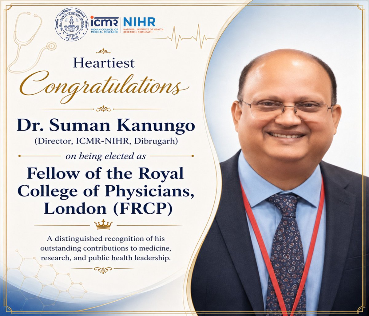 icmrnihrdib's tweet photo. ICMR–NIHR Dibrugarh proudly congratulates its Director, Dr. Suman Kanungo, on being elected Fellow of the Royal College of Physicians of London (FRCP). #ICMR #Healthresearch #FRCP https://t.co/1S42emvJX9