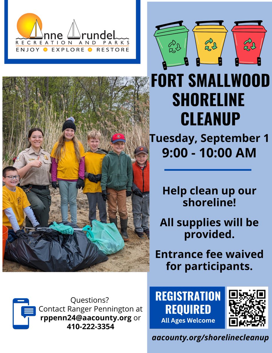 RecParks's tweet photo. Let's keep our beaches pristine and our local wildlife safe! Lend a hand for just one hour to help clear debris along the water.

🗓️ Tuesday, Sept 1 | 9:00 – 10:00 AM

📍 Fort Smallwood Park, Pasadena

🔗 Register now at https://t.co/IWz9sb7hGb https://t.co/uQoT6T5xb7