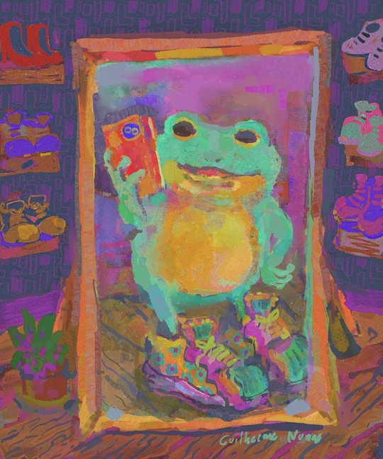 guilhernunes_'s tweet photo. Frog goes to the mall and tries on a pair of flashy sneakers that reflect his exuberant personality. https://t.co/0trv6ceui5