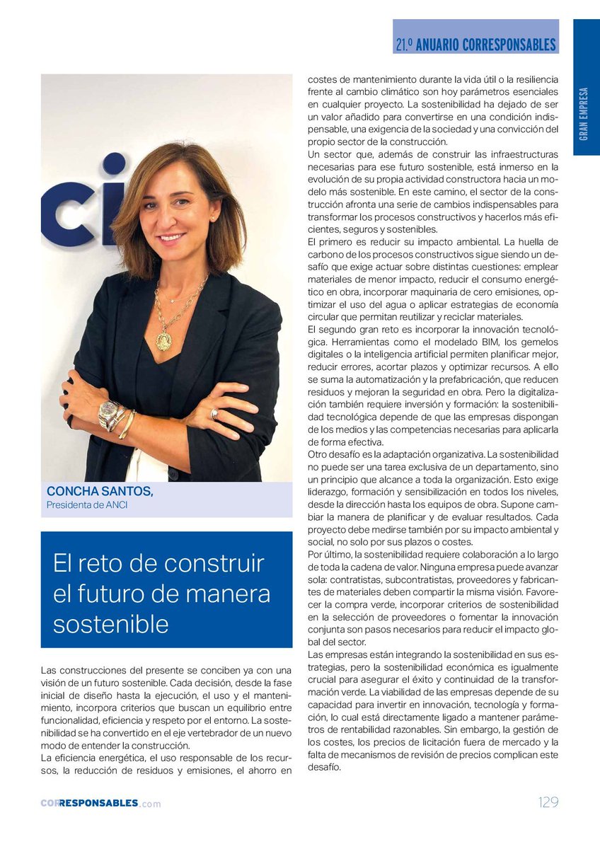 Corresponsables's tweet photo. 📌 Descubre la tribuna de #ANCI en el Anuario Corresponsables 21 👉 https://t.co/UsRDT4NDOD
🎙️ Concha Santos , Presidenta de ANCI, nos explica cómo la construcción del futuro debe estar alineada con la sostenibilidad.
🌍 "La sostenibilidad ha dejado de ser un valor añadido para convertirse en una condición indispensable, una exigencia de la sociedad."
🏗️ ANCI subraya cómo el sector de la construcción enfrenta un reto fundamental: reducir su huella de carbono, optimizando procesos, materiales y sistemas tecnológicos. Se trata de adoptar estrategias circulares y mejorar la eficiencia energética, siempre con la sostenibilidad como eje central.
💡 "La sostenibilidad no puede ser tarea exclusiva de un departamento, sino un principio que alcance a toda la organización."
🌱 "Cada proyecto debe medir su impacto ambiental y social, no solo por sus plazos o costes."
#Corresponsables #21AnuarioCorresponsables #ANCI #Sostenibilidad #ConstrucciónSostenible #EficienciaEnergética #EconomíaCircular #Innovación #ResponsabilidadSocial