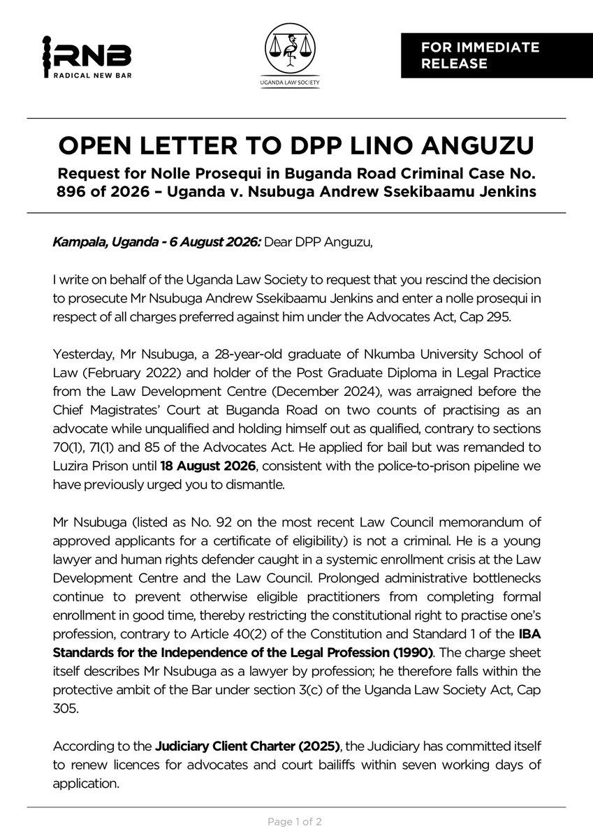 ug_lawsociety's tweet photo. OUR OPEN LETTER TO DPP @AnguLyno 

#ResistLawlessness  #FreeAllPoliticalPrisoners 
#BangTheTable #BackOnTrack #RNBVision2060 

@newvisionwire @DailyMonitor @ntvuganda @ubctvuganda @nilepostnews 
@BBCWorld @CNNAfrica @BLaw @LarryMadowo