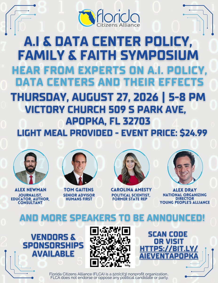 ALEXNEWMAN_JOU's tweet photo. 🚨 If you live in Florida and care about the growing A.I. and data center crisis, don't miss this crucial symposium in Apopka! https://t.co/Mn9el4rug5