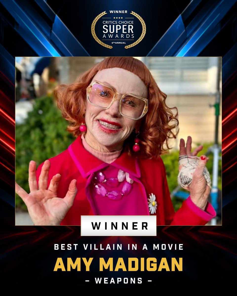CriticsChoice's tweet photo. Congratulations to Amy Madigan!🏆
Winner of the Best Villain in a Movie category for her performance in “Weapons” for the 6th Annual Critics Choice Super Awards! 🎬🔥

#CCSuperAwards #Weapons #AmyMadigan #CriticsChoice https://t.co/gKisiMTCNK