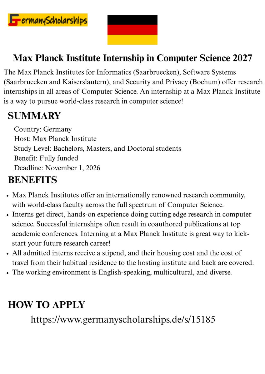 germanyscholars's tweet photo. Max Planck Institute Internship in Computer Science 2027
#GermanyInternships #StudyInGermany #MaxPlanck https://t.co/l3mdPPjnCc