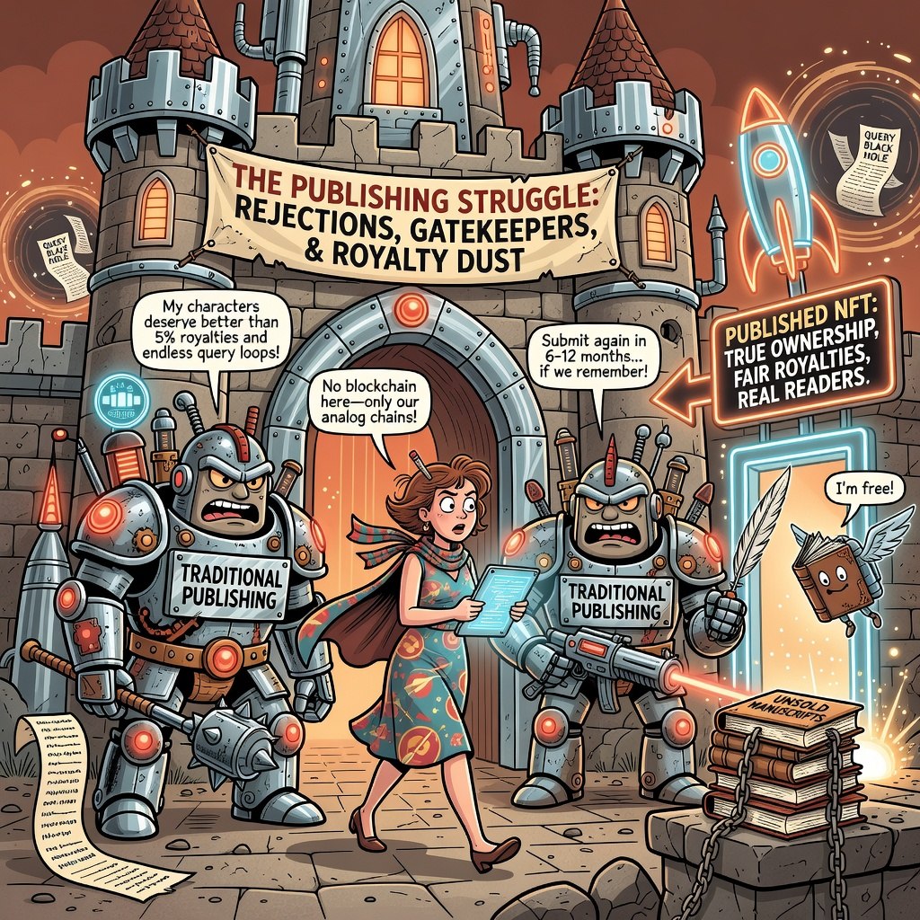publishednft's tweet photo. Today at the publishing crossroads: a romance writer discovering true digital ownership on the blockchain. π There's a better path β real ownership, fair royalties, and readers who actually find you. #BookTwitter #WritingCommunity #Publishing #Web3 #PublishedNFT https://t.co/q3TSNAjLDG
