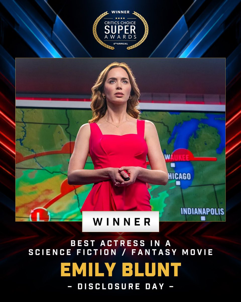CriticsChoice's tweet photo. Congratulations to Emily Blunt!🏆
Winner of the Best Actress in a Science Fiction / Fantasy Movie category for her performance in “Disclosure Day” for the 6th Annual Critics Choice Super Awards! 🚀🎬
#CCSuperAwards #DisclosureDay #EmilyBlunt #CriticsChoice https://t.co/nlAulhqrdw