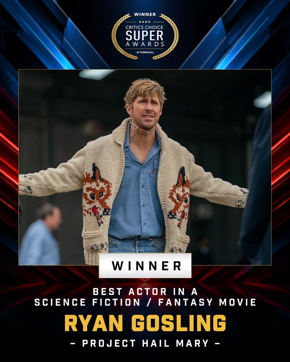 CriticsChoice's tweet photo. Congratulations to Ryan Gosling!🏆
Winner of the Best Actor in a Science Fiction / Fantasy Movie category for his performance in “Project Hail Mary” for the 6th Annual Critics Choice Super Awards! 🚀🎬

#CCSuperAwards #ProjectHailMary #RyanGosling #CriticsChoice https://t.co/Qn3hrrSa9N