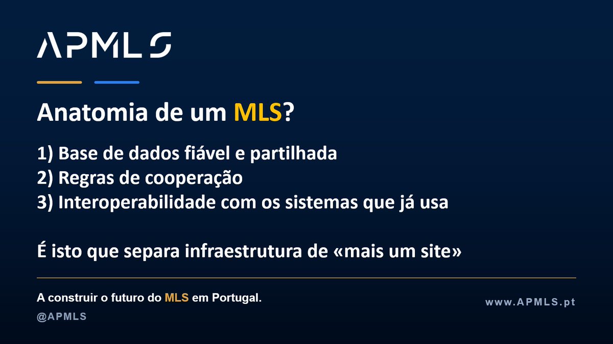 AP_MLS's tweet photo. TECNOLOGIA

Anatomia de um MLS:

1) base de dados fiável e partilhada;
2) regras de cooperação;
3) interoperabilidade com os sistemas que já usa.

É isto que separa infraestrutura de «mais um site». https://t.co/Q1Jf0DWkdI