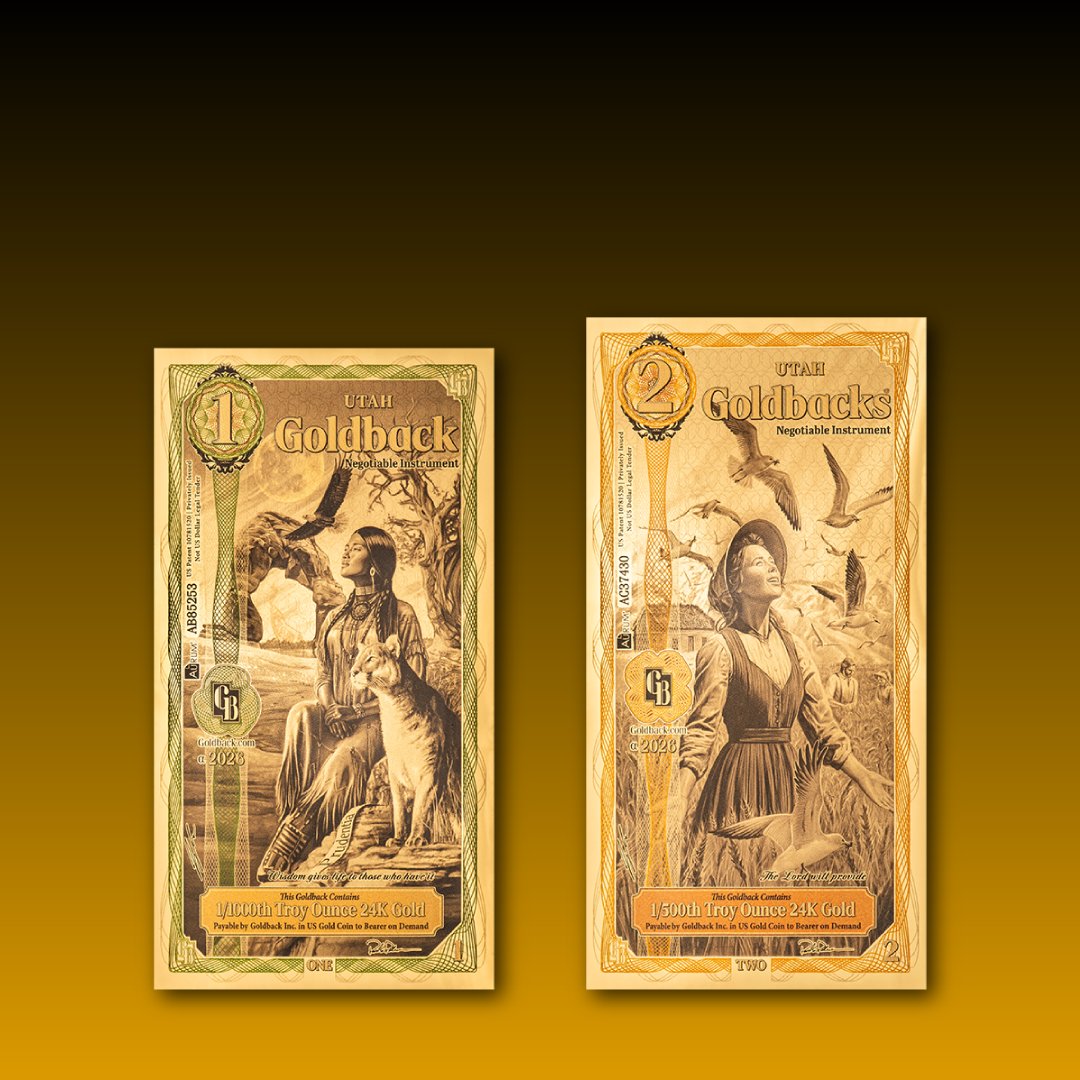 Goldback's tweet photo. We’re going back to where it all started!

And we can’t wait to take you with us.

The Utah refresh honors Goldback’s birthplace by combining the Beehive State’s iconic landscape and history with stunning, reimagined artwork.

Here are the all-new Utah virtues:

⚖️ 1/4: Justitia (Justice)
⛰️ 1/2: Patientia (Patience)
🐺 1: Prudentia (Prudence)
🦗 2: Gratia (Grace)
🐝 5: Devotionis (Devotion)
🦖10: Aeternitas (Eternity)
🏂 25: Disciplina (Discipline)
🗽50: Libertas (Liberty)

Don’t forget to set your alarms!

🗓️ Preorders open: August 11th
🚀 Official launch: August 25th

Then tell us which denomination caught your eye in the comments.