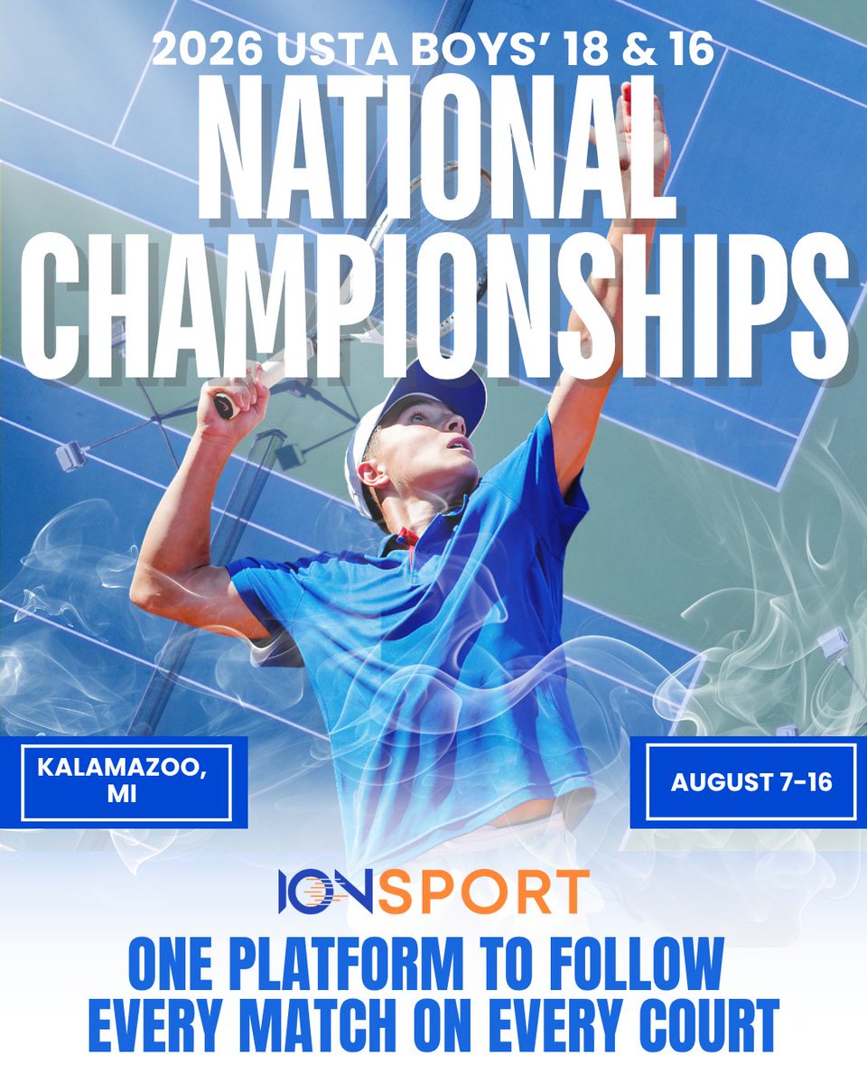 ionsportapp's tweet photo. The 2026 @usta Boys' 16 & 18 National Championships start tomorrow. 🎾

With officials providing point-by-point scoring on every court, follow every match live in IONSport.

✔️ Live scores
✔️ Draws & schedules
✔️ On-court live streams
✔️ Match statistics

Download IONSport on iOS or Google Play and don't miss a point: https://t.co/4ncKcCturP

#ustaboysnationals #NatsZoo26 #JuniorTennis #CollegeTennis #IONSport