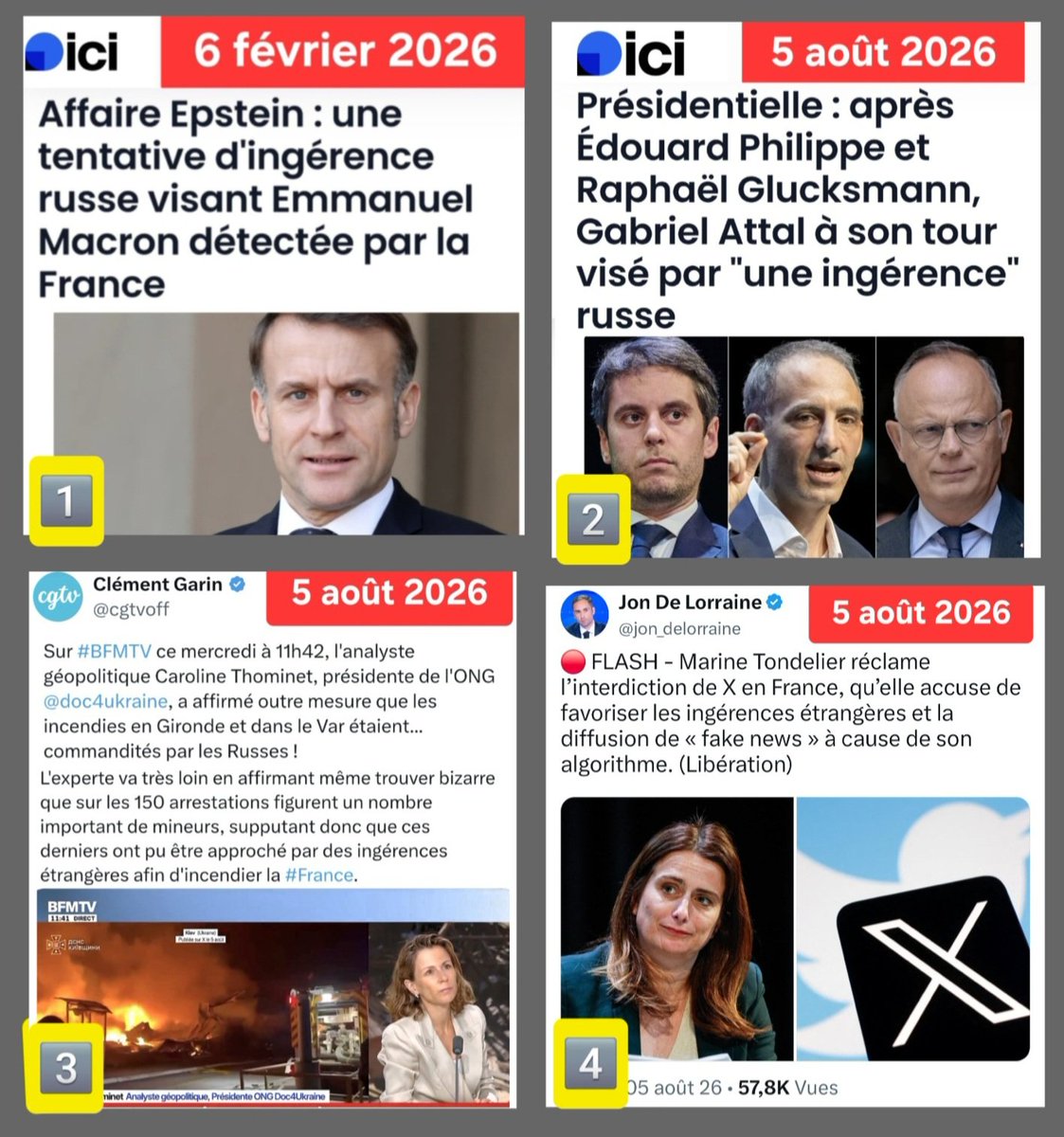 f_asselineau's tweet photo. ⚠️ 𝗤𝗨𝗘𝗟 𝗘𝗦𝗧 𝗟𝗘 𝗕𝗨𝗧 𝗙𝗜𝗡𝗔𝗟 𝗗𝗨 𝗕𝗢𝗕𝗔𝗥𝗗
𝗗𝗘𝗦 «𝗜𝗡𝗚𝗘𝗥𝗘𝗡𝗖𝗘𝗦 𝗥𝗨𝗦𝗦𝗘𝗦» ?
Les événements se précipitent, avec une frénésie de plus en plus inquiétante, pour accuser «les Russes» d'être responsables de tous les maux de la France.
Le simple calendrier ci-dessous montre la folie ambiante dans les cercles du pouvoir :

1️⃣ 6 février 2026
Les ramifications de l'affaire Epstein en France et les liens avec la Macronie seraient... une tentative d'«𝙞𝙣𝙜𝙚𝙧𝙚𝙣𝙘𝙚 𝙧𝙪𝙨𝙨𝙚» !

2️⃣ 5 août 2026
Après Philippe et Glucksmann, c'est Attal qui serait à son tour visé par... une «𝙞𝙣𝙜𝙚𝙧𝙚𝙣𝙘𝙚 𝙧𝙪𝙨𝙨𝙚» pour tenter de leur nuire dans la perspective de la présidentielle 2027 !

3️⃣ 5 août 2026
Selon Caroline Thionnet, présidente d'une association soutenant l'intervention militaire en faveur du régime Zelensky en Ukraine, les feux de forêts en Gironde seraient le résultat... d'une «𝙞𝙣𝙜𝙚𝙧𝙚𝙣𝙘𝙚 𝙧𝙪𝙨𝙨𝙚» !

À quoi sert ce déferlement délirant pour dénoncer des «𝙞𝙣𝙜𝙚𝙧𝙚𝙣𝙘𝙚𝙨 𝙧𝙪𝙨𝙨𝙚𝙨» dont on parle d'autant plus que personne ne les a vues ?

La réponse est apportée le jour même par Marine Tondelier :

4️⃣ 5 août 2026
Maine Tondelier, candidate écologiste à la présidentielle, affirme au journal Libération que «l'algorithme de X» favorise les «ingérences étrangères» - sous-entendu les «𝙞𝙣𝙜𝙚𝙧𝙚𝙣𝙘𝙚𝙨 𝙧𝙪𝙨𝙨𝙚𝙨» et qu'il faut donc... ⚠️ 𝗜𝗡𝗧𝗘𝗥𝗗𝗜𝗥𝗘 𝗟𝗘 𝗥𝗘𝗦𝗘𝗔𝗨 𝗫 𝗘𝗡 𝗙𝗥𝗔𝗡𝗖𝗘 !

---------------
CONCLUSION
---------------
On pourrait éclater de rire devant ce délire anti-russe des euro-atlantistes, qui sentent le sol s'effondrer sous leurs pas.

Car les Français n'ont nul besoin d'on ne sait quelle officine proche du Kremlin (dont personne n'a d'ailleurs vu les attaques présumées) pour vomir tous les responsables de la Macronie qui ont conduit la France dans un désastre historique au cours des 10 ans écoulés.

Mais on rirait à tort.

Car ce qui se profile est beaucoup plus grave. 

On commence à comprendre que quiconque critiquera Macron et la Macronie, mais aussi quiconque critiquera la dictature de l'UE, ou notre appartenance l'OTAN, ou le régime mafieux et néo-nazi de Zelensky,  risque d'être dénoncé par les medias du système, au cours des mois qui viennent, comme étant un agent relayant une «𝙞𝙣𝙜𝙚𝙧𝙚𝙣𝙘𝙚 𝙧𝙪𝙨𝙨𝙚».

Donc poursuivi en justice et jeté en prison.

On en est là.

La France risque de basculer dans une tragédie historique sans précédent, où tout devient possible en termes de dictature.

Y compris l'interdiction qui pourrait être faite à des candidats de se présenter à des élections,  au motif qu'ils veulent sortir de l'UE ou qu'ils refusent de déclarer la guerre à la Russie.

Ce basculement se profile déjà en Allemagne où il est de plus en plus question que les partis du système 🇺🇸🇪🇺 (CDU-CSU, FDP, SPD) interdisent purement et simplement l'AfD, le parti du "DEXIT" (DEUTSCHLAND EXIT) qui est pourtant devenu le 1er parti politique allemand en nombre d'électeurs.

𝗟'𝗲́𝘃𝗼𝗹𝘂𝘁𝗶𝗼𝗻 𝗲𝘀𝘁 𝗲𝘅𝘁𝗿𝗲̂𝗺𝗲𝗺𝗲𝗻𝘁 𝗴𝗿𝗮𝘃𝗲.

𝗝'𝗶𝗻𝘃𝗶𝘁𝗲 𝗹𝗲 𝗽𝗹𝘂𝘀 𝗴𝗿𝗮𝗻𝗱 𝗻𝗼𝗺𝗯𝗿𝗲 𝗱𝗲 𝗙𝗿𝗮𝗻𝗰̧𝗮𝗶𝘀 𝗰𝗼𝗻𝘀𝗰𝗶𝗲𝗻𝘁𝘀 𝗱𝗲 𝗰𝗲 𝗾𝘂𝗶 𝘀𝗲 𝗽𝗮𝘀𝘀𝗲, = 𝗾𝘂𝗲𝗹𝗹𝗲𝘀 𝗾𝘂𝗲 𝘀𝗼𝗶𝗲𝗻𝘁 𝗹𝗲𝘂𝗿𝘀 𝗽𝗿𝗲́𝗳𝗲́𝗿𝗲𝗻𝗰𝗲𝘀 𝗽𝗼𝗹𝗶𝘁𝗶𝗾𝘂𝗲𝘀 𝗽𝗮𝗿𝘁𝗶𝘀𝗮𝗻𝗲𝘀 =, 𝗮̀ 𝗿𝗮𝗹𝗹𝗶𝗲𝗿 𝗮𝘂 𝗽𝗹𝘂𝘀 𝘃𝗶𝘁𝗲 𝗹'𝗨𝗣𝗥, 𝗹𝗲 𝗽𝗮𝗿𝘁𝗶 𝗱𝘂 𝗙𝗥𝗘𝗫𝗜𝗧.

«𝙇𝙖 𝙛𝙡𝙖𝙢𝙢𝙚 𝙙𝙚 𝙡𝙖 𝙍𝙚𝙨𝙞𝙨𝙩𝙖𝙣𝙘𝙚 𝙣𝙚 𝙙𝙤𝙞𝙩 𝙥𝙖𝙨 𝙨'𝙚𝙩𝙚𝙞𝙣𝙙𝙧𝙚 𝙚𝙩 𝙚𝙡𝙡𝙚 𝙣𝙚 𝙨'𝙚𝙩𝙚𝙞𝙣𝙙𝙧𝙖 𝙥𝙖𝙨 !»
Charles de Gaulle
Phrase finale de l'Appel du 18 juin 1940

======