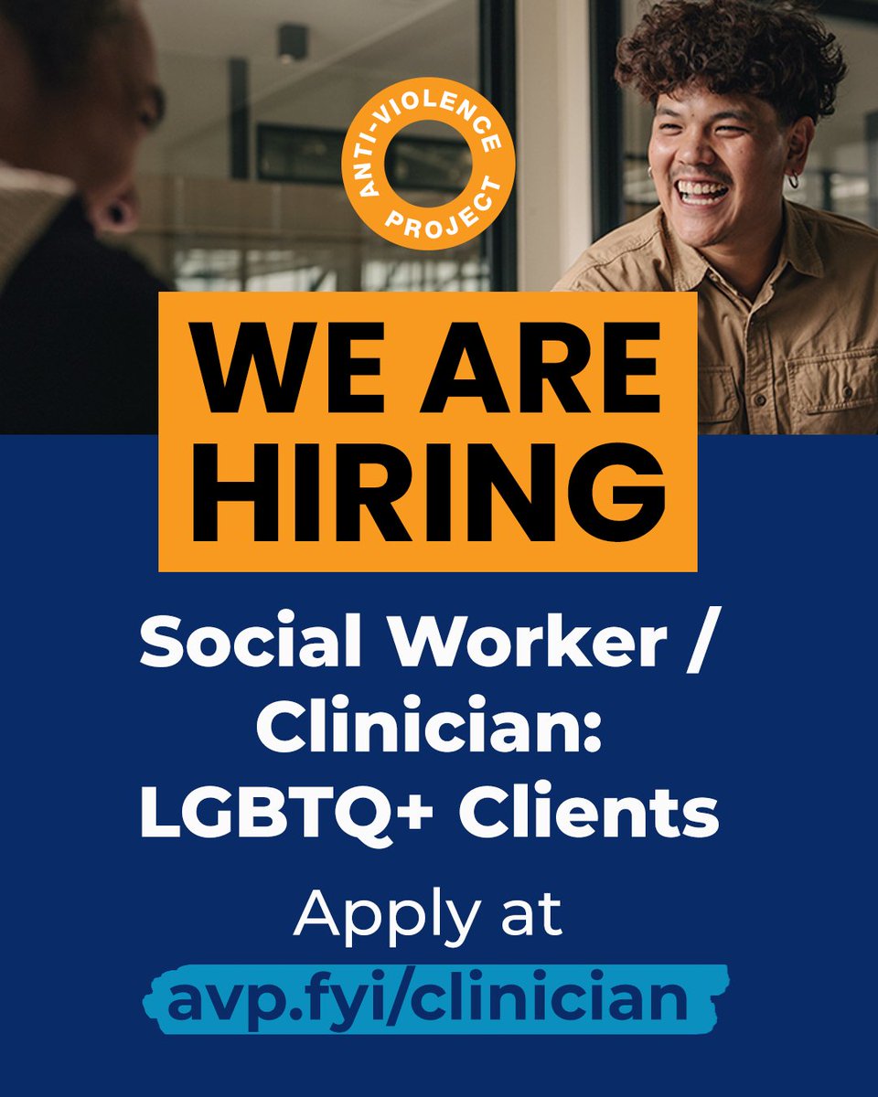 antiviolence's tweet photo. 📣 WE ARE HIRING! 📣
Are you passionate about providing direct crisis support to LGBTQ+ and HIV-affected survivors of violence? AVP is hiring for a position of Social Worker / Clinician for LGBTQ+ Clients. 
Apply today at https://t.co/D4GPPEHJPg (case sensitive!) https://t.co/1eUiINBThV