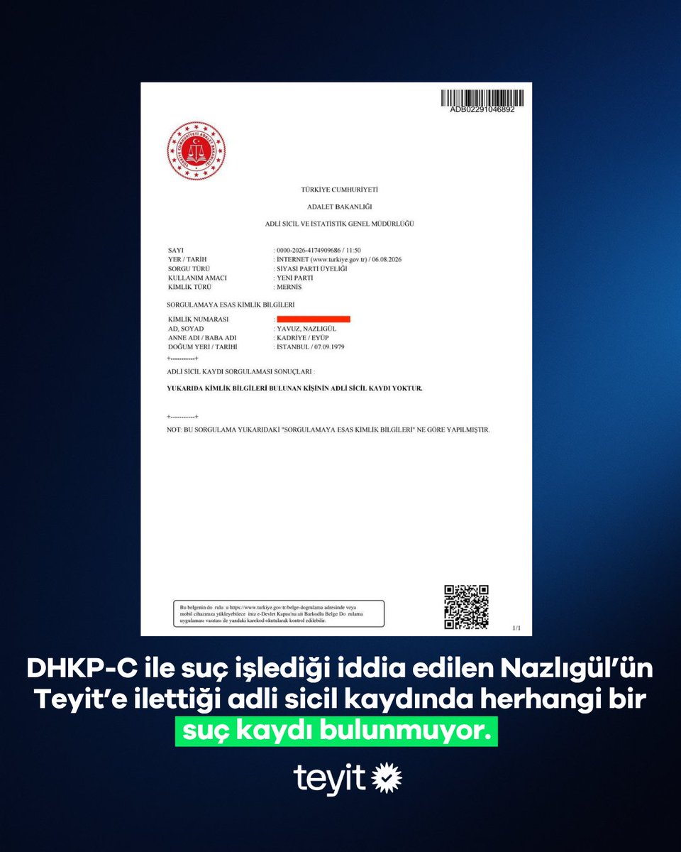 teyitorg's tweet photo. Yavuz Nazlıgül’ün DHKP-C ile ilişkisi olduğu iddiaları doğru değil.

❌ İddia dayanaksız: Mevcut açık kaynaklarda da iddiayı destekleyen somut bir veri bulunmuyor. Teyit’in iletişime geçtiği Nazlıgül DHKP-C bombalı eylemleri ve “Hayata Dönüş Operasyonu” tarihleri ile örtüşen 1997-2003 yılları arasında seyyar satıcı olan babasının yanında çalıştığını, bu sebeple özgeçmişinde bu yılların yer almadığını belirtiyor.

📢 Adli sicil kaydında suç kaydı yok: Yavuz Nazlıgül’ün Teyit ile paylaştığı resmi belgede herhangi bir adli sicil kaydı bulunmadığı görülüyor.

⚠️ İsim benzerliği ihtimali: Haber arşivlerinde geçen kişi, aynı adı taşıyan başka bir Yavuz Nazlıgül olabilir.

Detaylar https://t.co/nAgxWCYaWo’ta.🔎