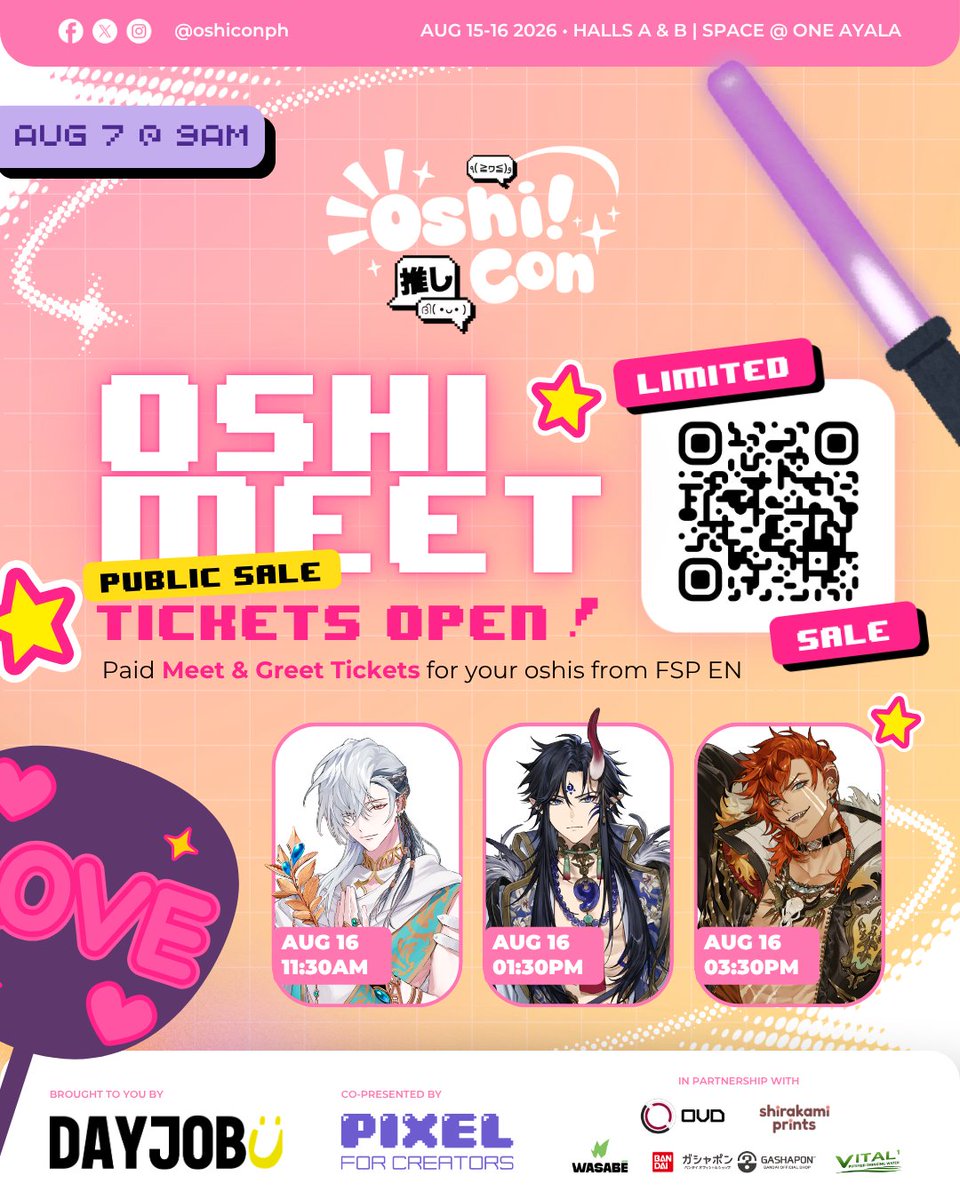 oshiconph's tweet photo. ⚡  THE MOMENT OF TRUTH! ⚡ 

PAID Oshi Meet Tickets are now available to EVERYONE! Here's your chance to meet @AltusZendoji, @CassianFloros, &amp; @RyzarBlazenfang from @FSP_english!
 
Catch them if Ü can~
#OshiMeet #OshiCon2026 #Oshi2Ü 💖 https://t.co/clXkiRjBwV