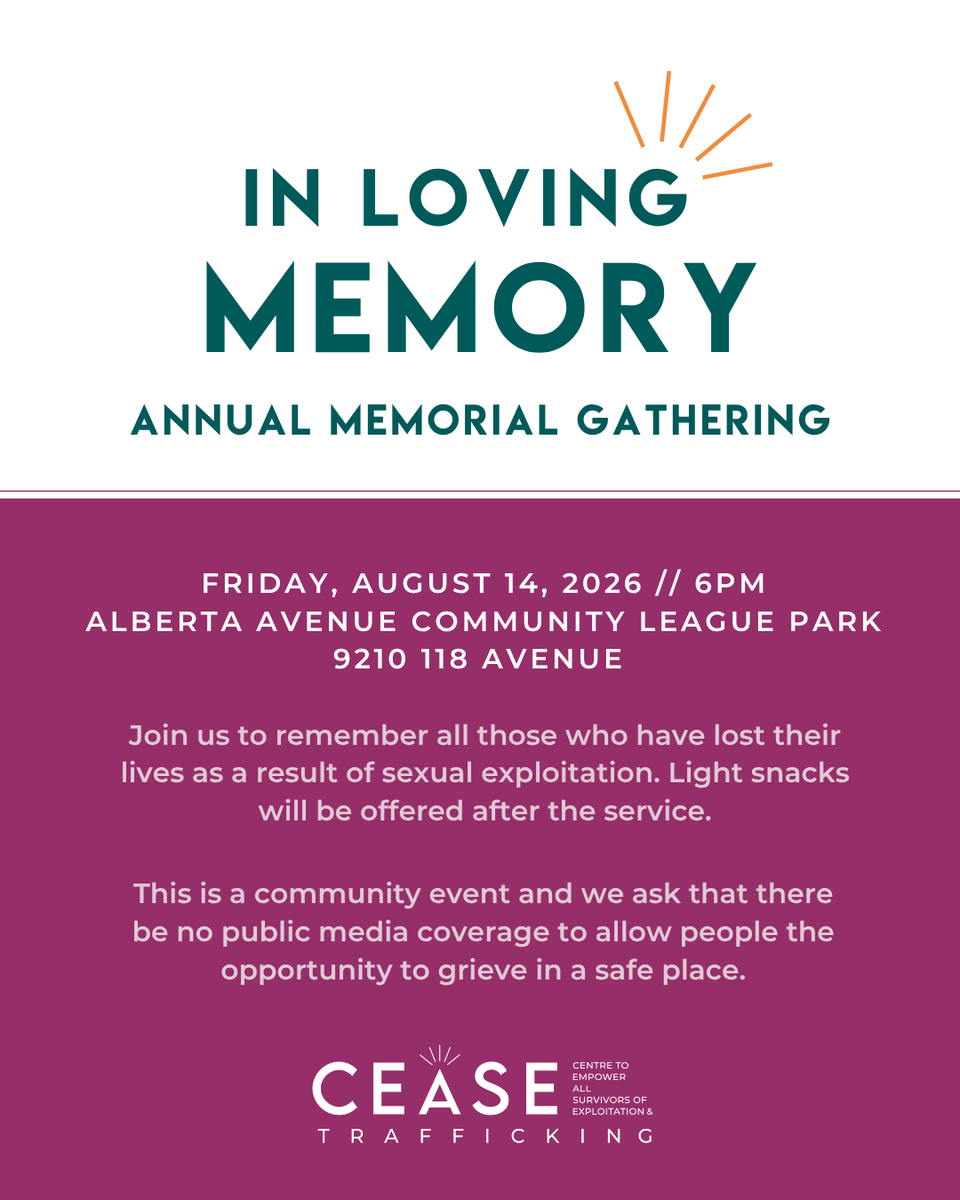 ceasenow's tweet photo. Please join CEASE as we honour and remember those whose lives were lost as a consequence of sexual exploitation.
#memorial #endexploitation #cease #edmonton #yeg https://t.co/XB5JQvpzbQ