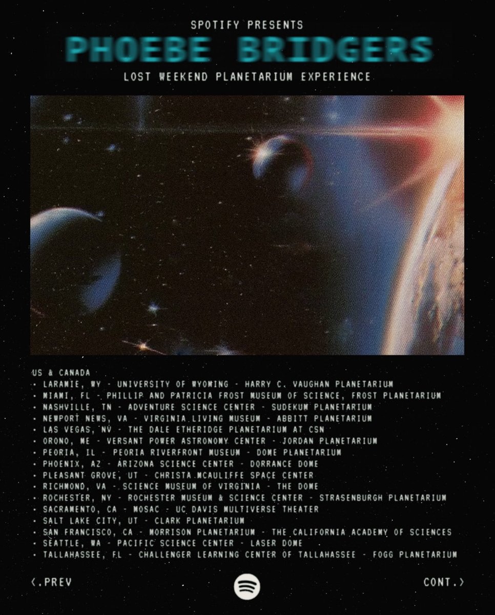 raspberhrriies's tweet photo. In partnership with @Spotify, Phoebe Bridgers’ new album, “Lost Weekend” will debut in FULL in planetariums around the world!! 

Planetariums will take place ahead of the album’s global release, 14th August.

Who’s going!! 🪐👀 https://t.co/bdVdl4YFzW