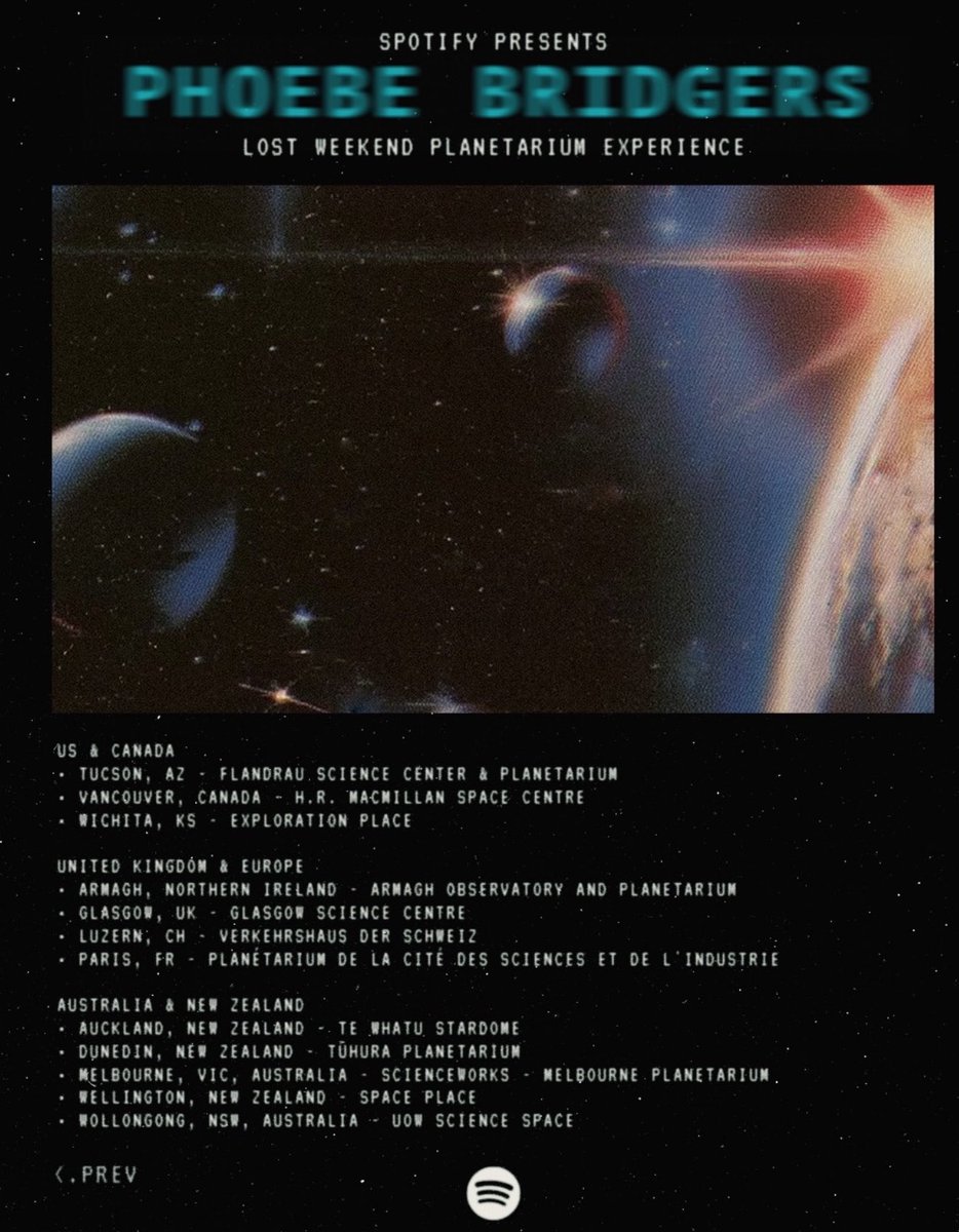 concertleaks's tweet photo. Phoebe Bridgers has teamed up with Spotify to host special ‘Lost Weekend’ listening parties at planetariums around the world next week!

Tickets are available NOW and will sell out quickly. 
https://t.co/VdwO7X83ur https://t.co/FHGBqCX9Wx