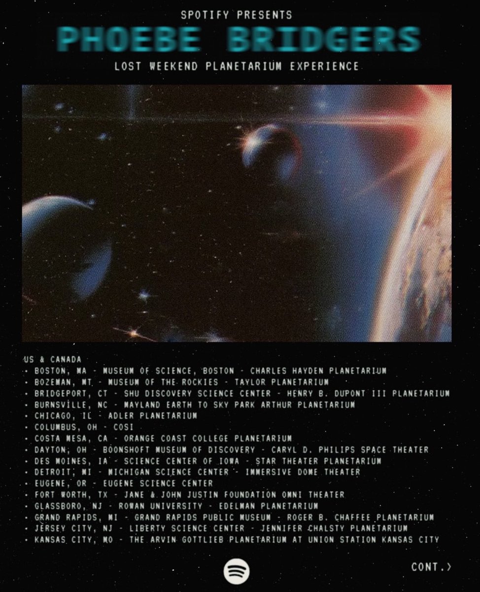 concertleaks's tweet photo. Phoebe Bridgers has teamed up with Spotify to host special ‘Lost Weekend’ listening parties at planetariums around the world next week!

Tickets are available NOW and will sell out quickly. 
https://t.co/VdwO7X83ur https://t.co/FHGBqCX9Wx