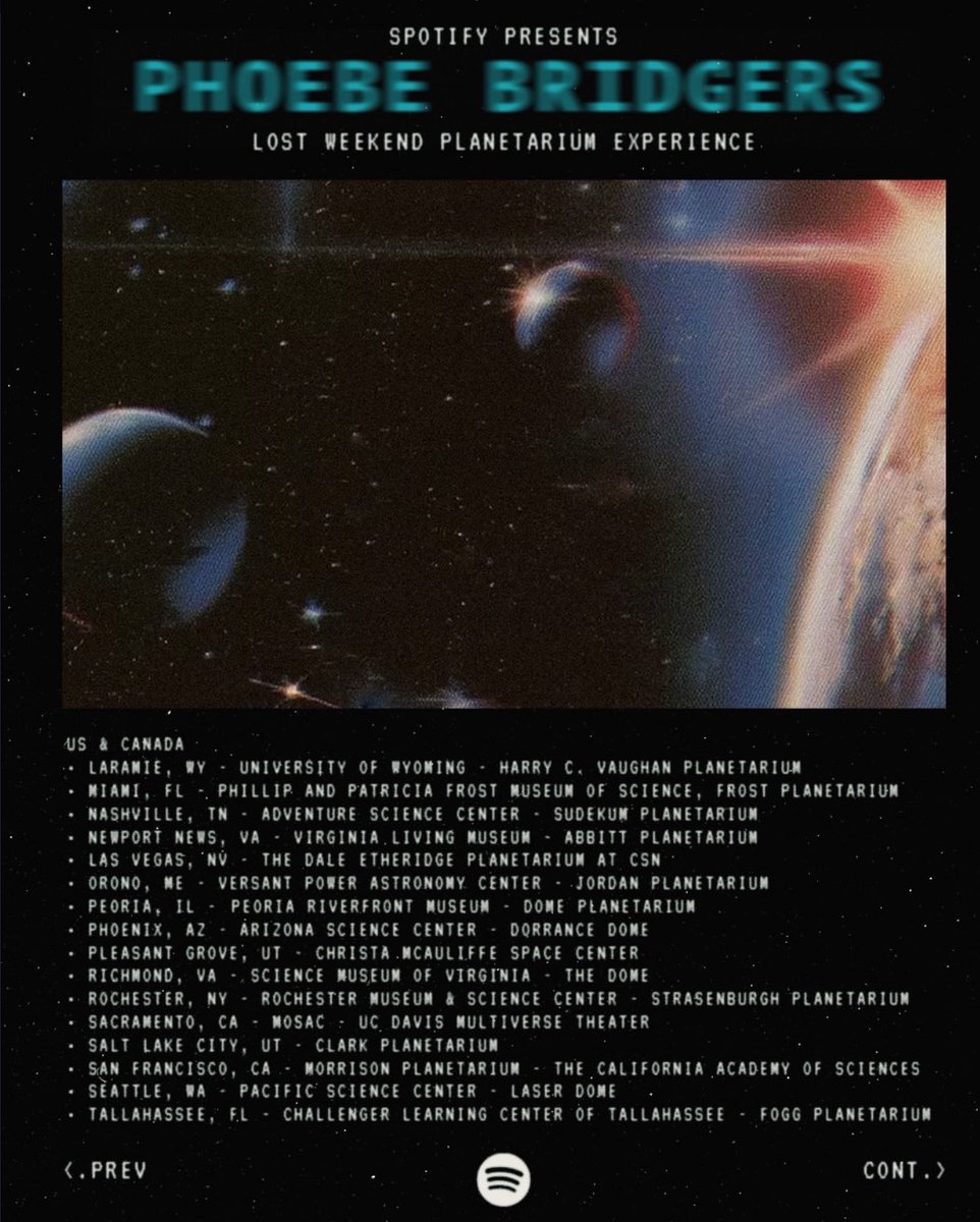 concertleaks's tweet photo. Phoebe Bridgers has teamed up with Spotify to host special ‘Lost Weekend’ listening parties at planetariums around the world next week!

Tickets are available NOW and will sell out quickly. 
https://t.co/VdwO7X83ur https://t.co/FHGBqCX9Wx