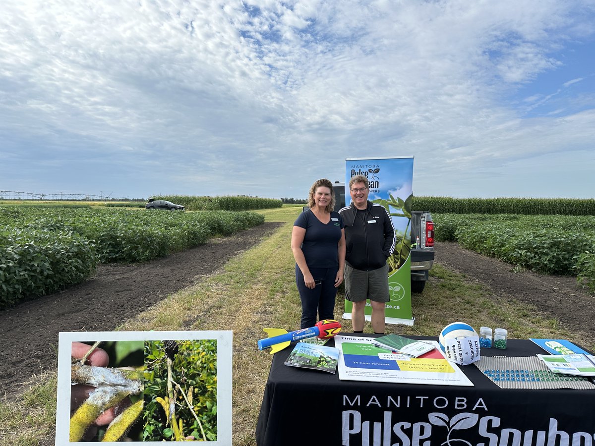 MbPulseGrowers's tweet photo. MPSG Production Agronomists Terry Buss and Wendy McDonald enjoyed presenting soybean production tips and explaining the soybean stability variety trials to over 150 people at the MCDC Carberry field tour yesterday. https://t.co/p0eGimc7vy