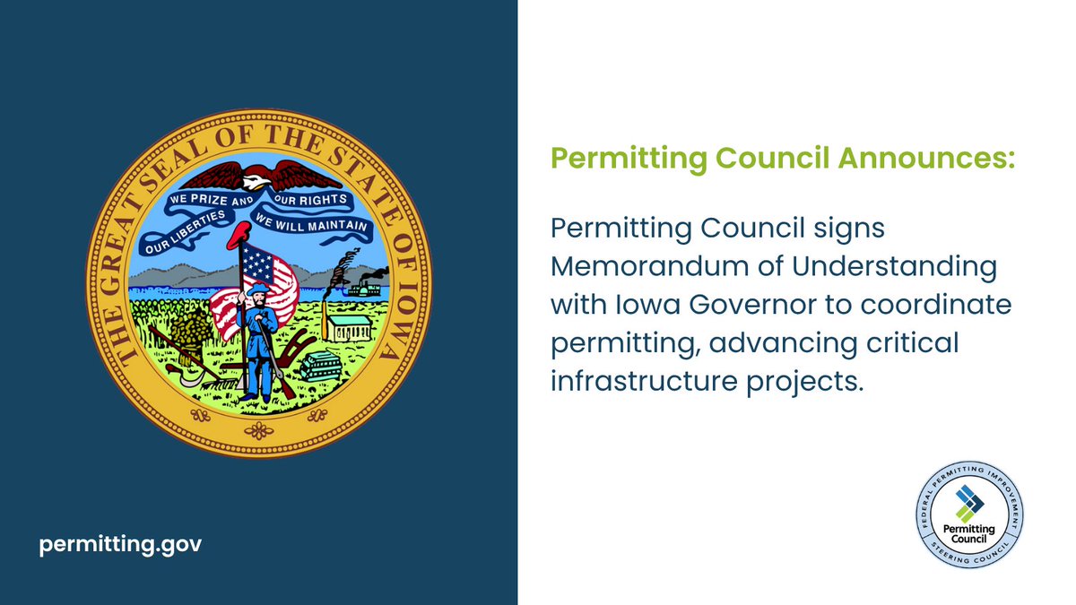 PermitCouncil's tweet photo. Today the Permitting Council signed its newest MOU with @IAGovernor Kim Reynolds, making Iowa the 8th state to opt in to the FAST-41 process to coordinate permitting and advance critical infrastructure projects. https://t.co/Ucu1d5XYQ7 https://t.co/Ru6s1uqMtL