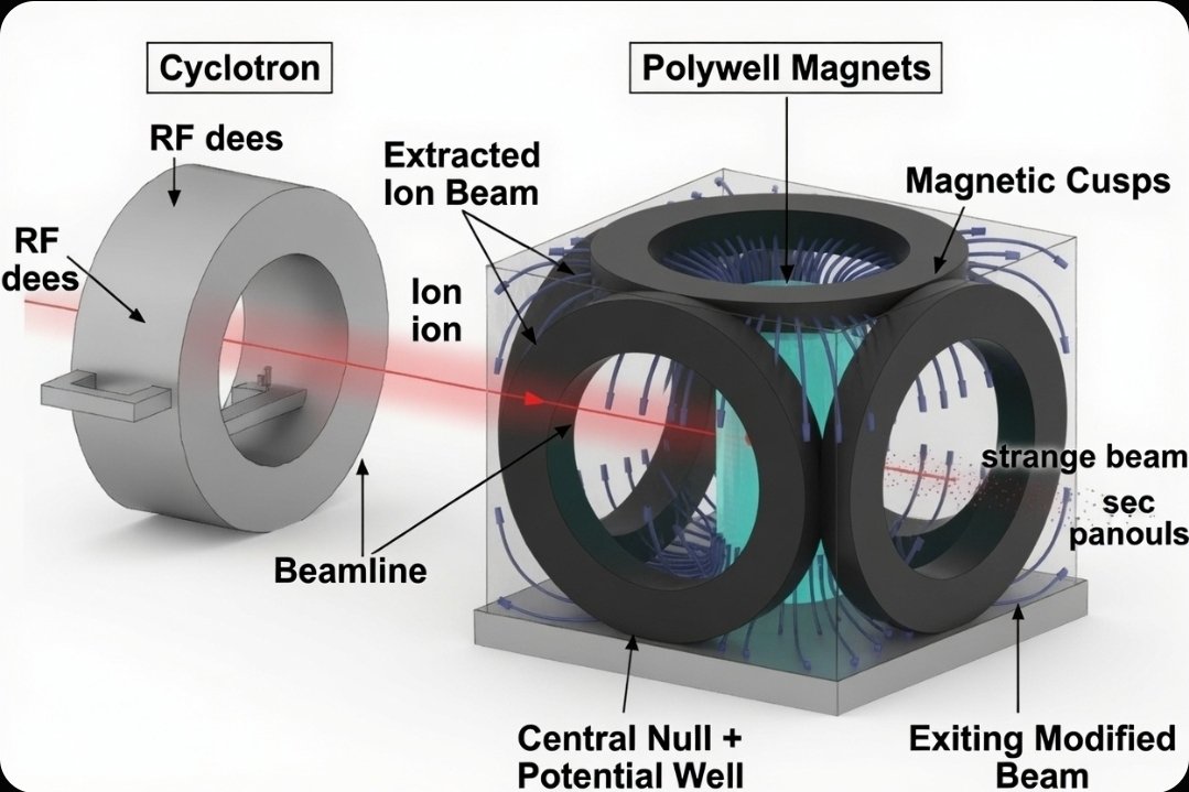 illiamSchwandt's tweet photo. Diametric Cyclotron Transit Through a Polywell

Here’s a weird idea that might be worth a closer look. Take a running Poly well, polyhedral magnets forming a magnetic cusp trap with a null at the center, electrons injected to create a deep electrostatic potential well, and park a cyclotron outside it. Align the cyclotron so its extracted ion beam fires straight through one face cusp, across the magnetic null and potential well, and out the opposite cusp.That’s it. No internal acceleration stages, no complicated injectors inside the vacuum vessel. Just an external, mature accelerator feeding a high-energy, collimated beam through the heart of the device.

What happens to that beam is the interesting part. Near the entry cusp the ions feel strong magnetic gradients. Magnetic moment is roughly conserved until they hit the null, where B ≈ 0 and the adiabatic invariants break. They then cross the central electrostatic well, which acts as a thick, energy-dependent lens: attractive for positive ions, repulsive for electrons, with radial focusing or defocusing set by well depth and beam energy. On the way out they encounter the opposite cusp optics again.

Add a dense plasma core (high-β Polywell operation) and the transit becomes even richer: partial neutralization, charge-state stripping, possible beam–plasma instabilities, wake fields, or even beam-target fusion reactions if the Polywell is fueled. The beam that emerges on the far side can carry a modified energy spectrum, altered emittance, mixed charge states, temporal structure, or an admixture of fusion products and secondary radiation. In short, the Polywell becomes a hybrid magnetic-electrostatic beam modifier that no conventional beamline can easily replicate.

Existing Polywell work already injects electron (and sometimes ion) beams through the cusps to form and sustain the well. Compact neutron-source designs have proposed ion-beam injection into a Polywell plasma target, but a dedicated external cyclotron firing a high-energy beam diametrically through a live device as a deliberate beam-transport or exotic-source stage does not appear in the literature. That gap is useful.

Possible applications are straightforward to list: compact neutron generators with an extra energy knob, specialized ion beams for materials testing, diagnostic probes that sample the core plasma on the way through, or even a hybrid driver stage for advanced fuels. The engineering hurdles are real, magnetic shielding of the cyclotron, vacuum interfaces, heat loads on the coils, diagnostics, but none look fundamentally prohibitive.

Single-particle tracking through realistic cusp + well fields, followed by simple beam-plasma estimates, would quickly show whether the “strange” effects are large enough to be interesting. If they are, a small-scale experiment becomes the obvious next step.

The configuration is simple enough to describe in a paragraph and rich enough to keep theorists and experimentalists occupied for a while. Sometimes the best ideas are the ones that just look a little weird at first glance.