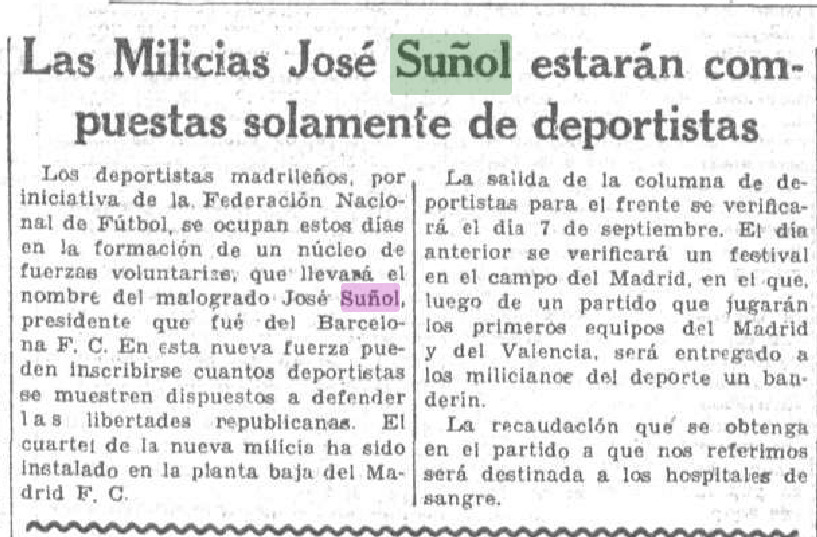 NosRobaronEl's tweet photo. Hace 90 años los fascistas asesinaron a Josep Sunyol presidente del @FCBarcelona y diputado de @Esquerra_ERC . Se crearon las Milicias republicanas con su nombre formadas por deportistas cuyo cuartel fue las oficinas del @realmadrid

Fuente:  La Voz (Madrid). 21/8/1936 https://t.co/SC5wzFSNOR
