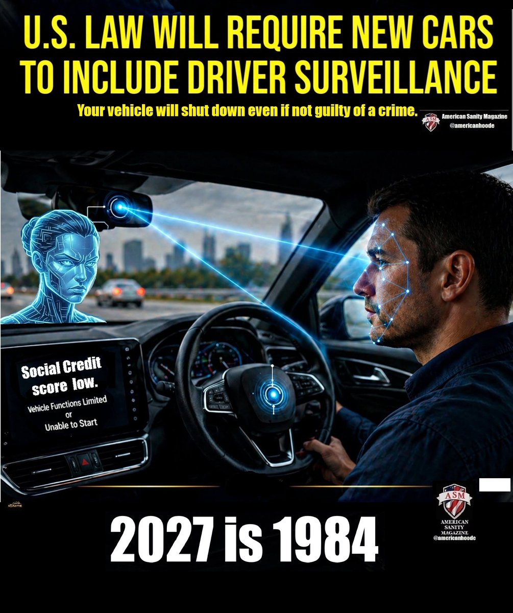 AmericanHoodE's tweet photo. @mattvanswol I told two people today about the government law requiring cameras in all 2027 new cars focused on the driver. They had no clue. Is this the tipping point to a Police state? https://t.co/pjnHZ8GzlW
