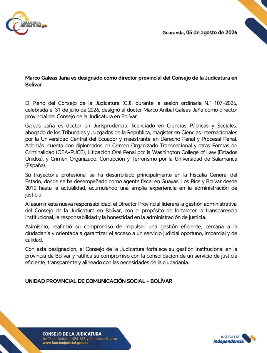Infomedia593's tweet photo. 📢 Comunicados Consejo de la Judicatura
1) Nuevo Director Provincial en Bolívar
2) Suspensión Preventiva de Tres Jueces 
#infomedia #Guaranda #Bolívar #ConsejoDeLaJudicatura
@CJudicaturaEc @BolivarCJ @mechascaicedo https://t.co/ZMyhk6Dk1W
