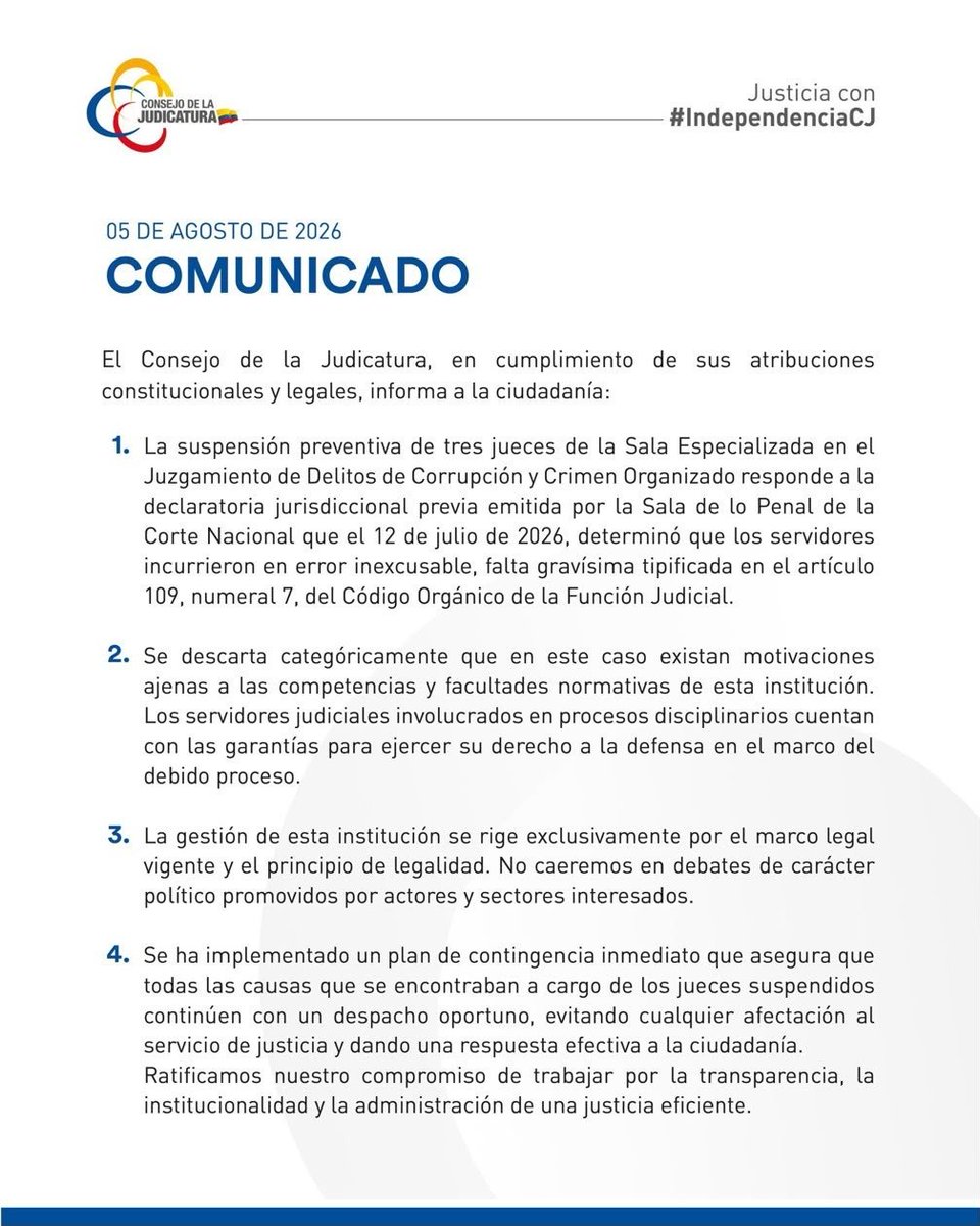 Infomedia593's tweet photo. 📢 Comunicados Consejo de la Judicatura
1) Nuevo Director Provincial en Bolívar
2) Suspensión Preventiva de Tres Jueces 
#infomedia #Guaranda #Bolívar #ConsejoDeLaJudicatura
@CJudicaturaEc @BolivarCJ @mechascaicedo https://t.co/ZMyhk6Dk1W