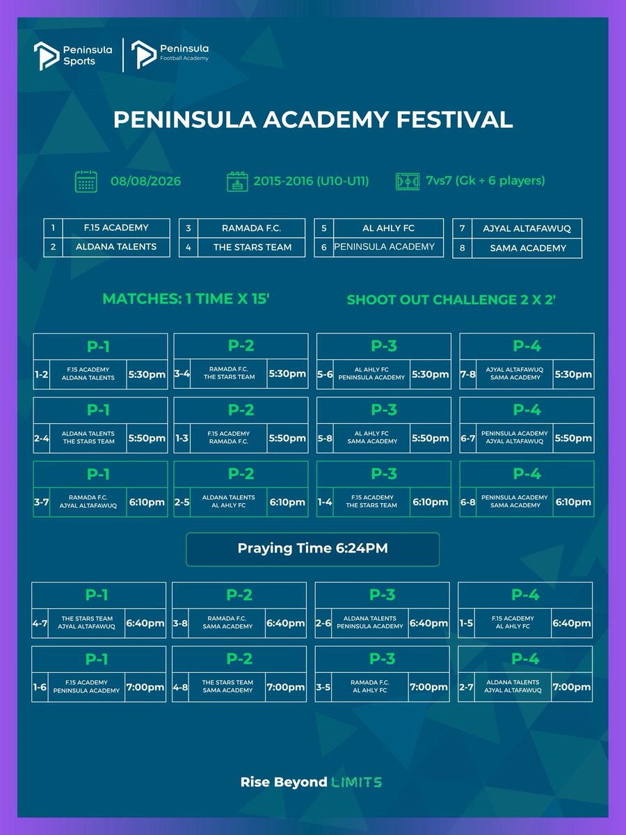 Peninsula_SC's tweet photo. استعدوا لأمسية رياضية مليئة بالحماس، حيث تلتقي الأكاديميات المشاركة ضمن مهرجان بيننسلا سبورتس في مباريات ممتعة وأجواء مليئة بالشغف وروح الفريق. 💚⚽

📅 السبت | 08 أغسطس 2026
⏰ تنطلق المباريات من الساعة 5:30 مساءً

📋 اطلعوا على جدول المباريات واستعدوا لتشجيع الفرق والاستمتاع بأمسية رياضية مميزة مع العائلة والأصدقاء.
ننتظركم لنصنع معًا ذكريات جميلة داخل ملاعب بيننسلا سبورتس.