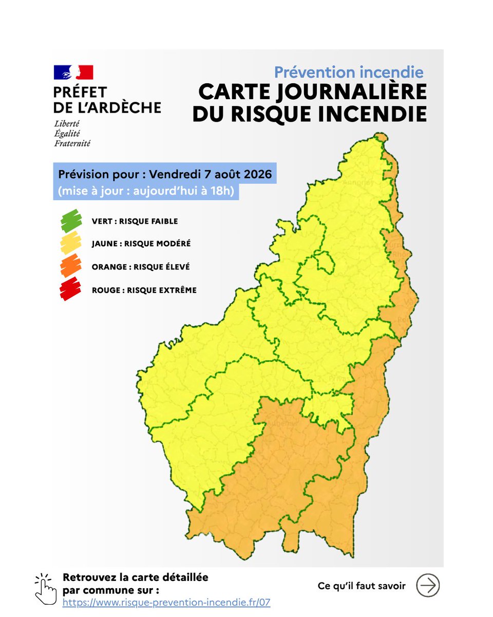 Image de Préfet de l'Ardèche - #PréventionIncendies 🔥 | Carte du risque incendie – Prévision pour le vendredi 7 août.

Du 15 juin 