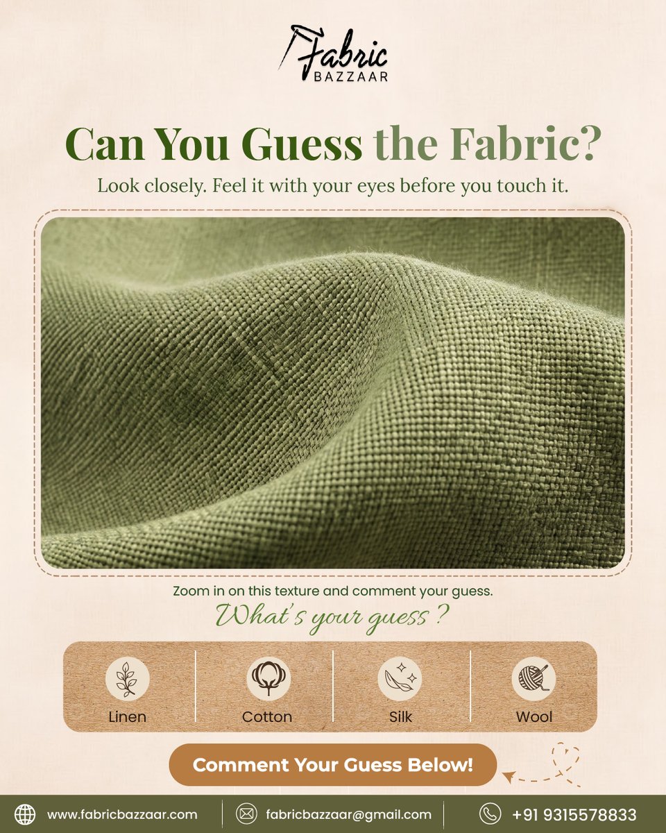 FabricBazzaar's tweet photo. CAN YOU GUESS THE FABRIC?
Look closely. Feel it with your eyes before you touch it! Take a good look at that distinct, slubby texture and weave
#fabricbazaar #guessthefabric #fabricquiz #textiletrivia #FabricTexture #LinenLove #qualityfabrics #fabricsupplier https://t.co/yU2UlGH7mm