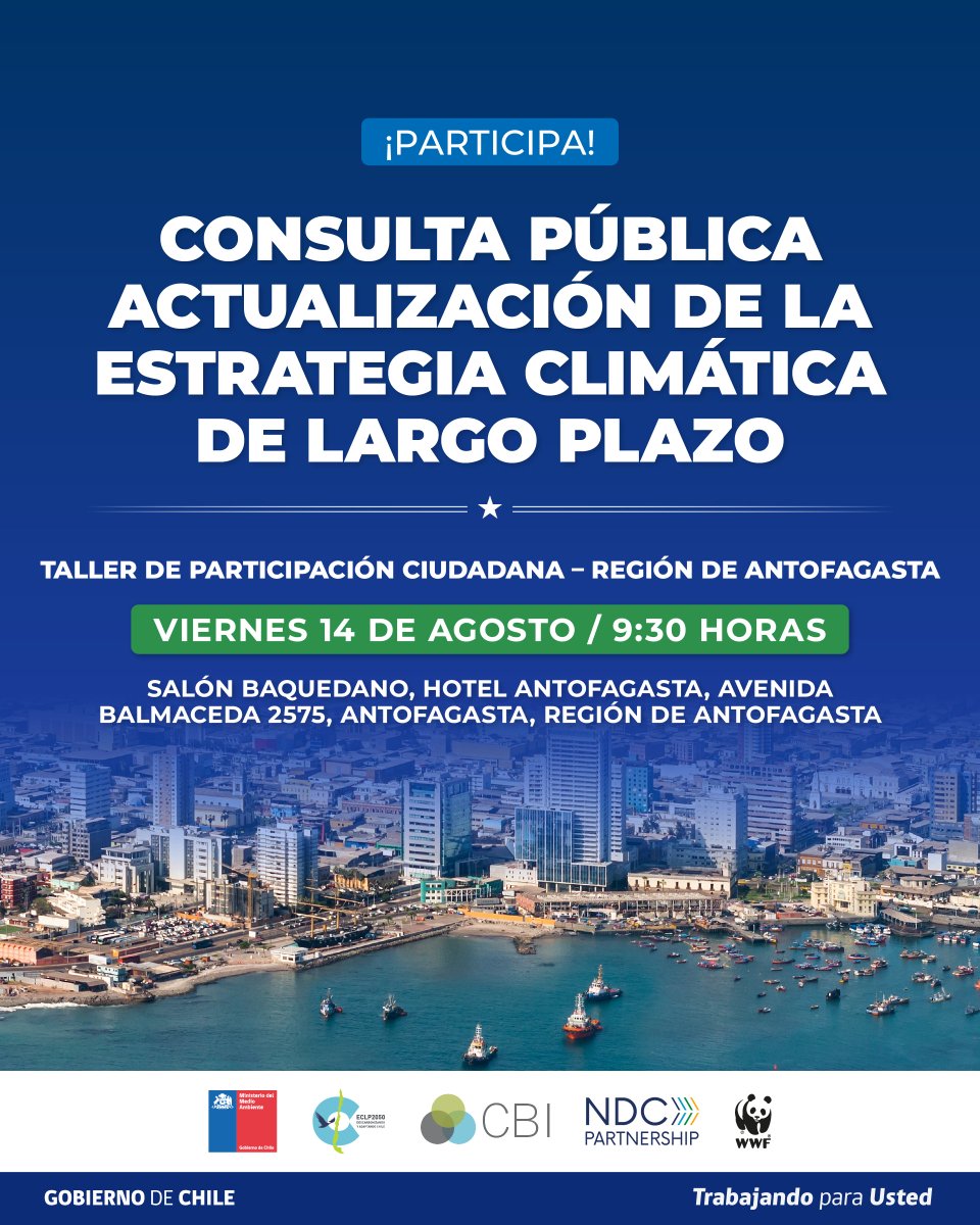 MMAChile's tweet photo. ¡Atención, región de Antofagasta! Te invitamos a ser parte del Taller Ciudadano de Actualización de la Estrategia Climática de Largo Plazo, un espacio para aportar con tu visión y contribuir a la construcción de un futuro más resiliente y sostenible: https://t.co/RCeTOuhLll https://t.co/ml25xt1oqr