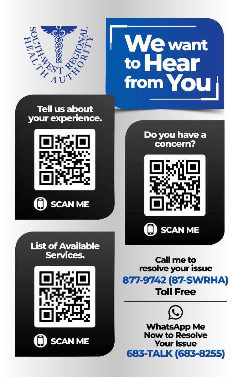 swrhatt1's tweet photo. Because the SWRHA values your feedback, we have made it easier to connect with us. 

To provide feedback, resolve your issue or need information, please view our easy to use option:

Call toll free, WhatsApp, or scan the QR codes. https://t.co/oyke5U9ur4